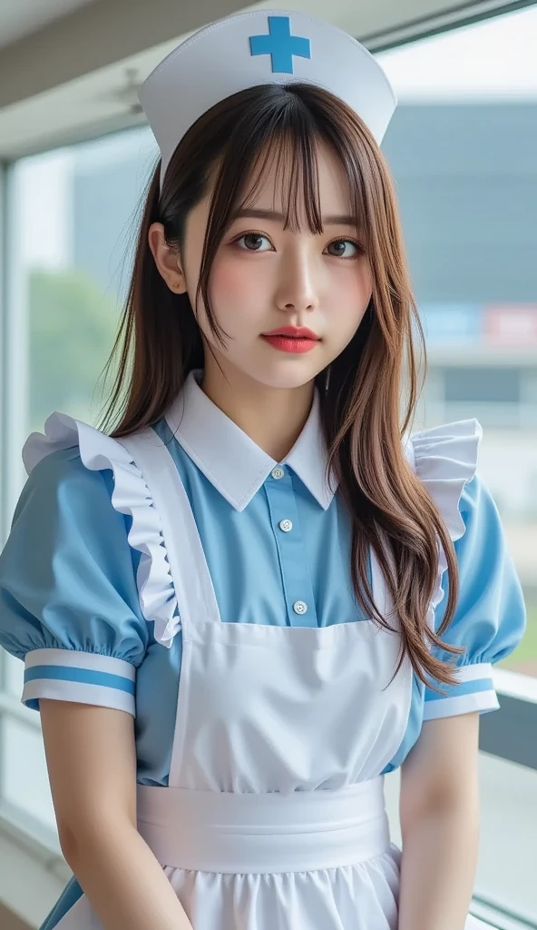 Tabletop, highest quality, shape, Very detailed, In detail, High resolution, 8k wallpaper, Perfect dynamic composition, ((close:1.3,  View your viewers)), Beautiful details , (Wearing a cotton maid outfit, , Cute Ruffle Girl Dress, Maid's headband, Base color is white、navy blue、red),ponytail