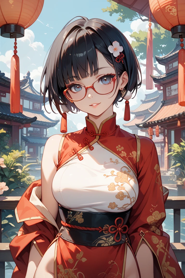 A girl with black hair, round glasses, big boobs, chinese clothes, very realistic