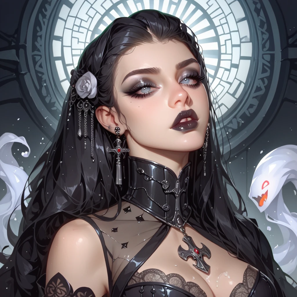 Create a photo realistic hyper realistic heavily tattooed goth girl, perfect face, thin curved black eyebrows, long luscious eyelashes, black eyeliner, black eye shadow,curved lips, thick black lipstick, half shaved long luscious black hair, black lace choker collar, golden ratio body, black corset, black thong,