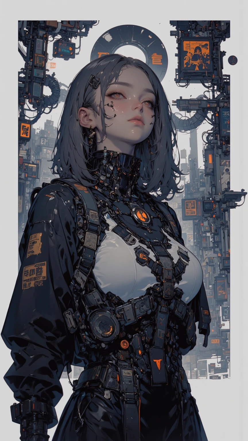1 girl, short yellow hair, cyberpunk, Alice in Wonderland, black high heels, hand in pocket, best quality, 4k, 8k, highres, masterpiece:1.2, ultra-detailed, realistic, photorealistic, photo-realistic:1.37, HDR, UHD, studio lighting, ultra-fine painting, sharp focus, physically-based rendering, extreme detail description, professional, vivid colors, bokeh, concept art