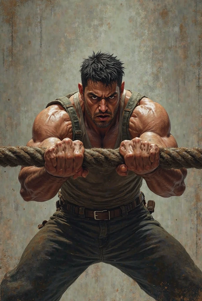In a masterpiece of high resolution, a 35-year-old man stands alone, elegantly posed against the backdrop of a dark, gloomy hallway. The man is identified as Chris Redfield, renowned for his tactical prowess, and he is dressed in a military tactical suit, highlighted by the green fabric of his tank top, which reveals his well-defined biceps, abs, and chest. The white color on the shoulder of his tank top features the iconic B.S.A.A. logo, adding an air of professionalism to the image.
With a smirk on his face, Chris Redfield towers over the scene, a sign of his dominance and