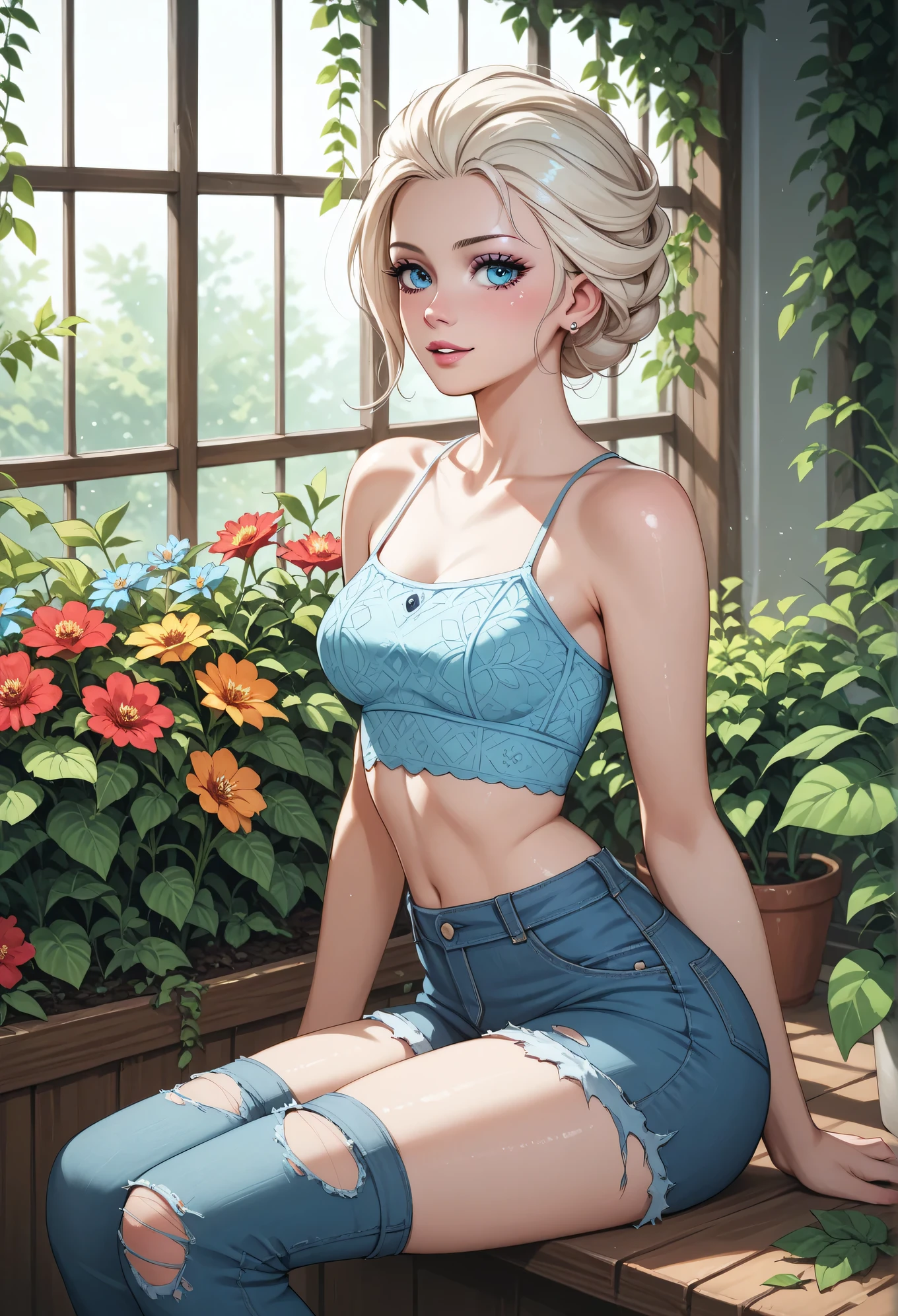 Elsa( she sesually arched her back) sitting in a sexy position in a flower greenhouse, dressed in slutty ripped casual clothes, aroused