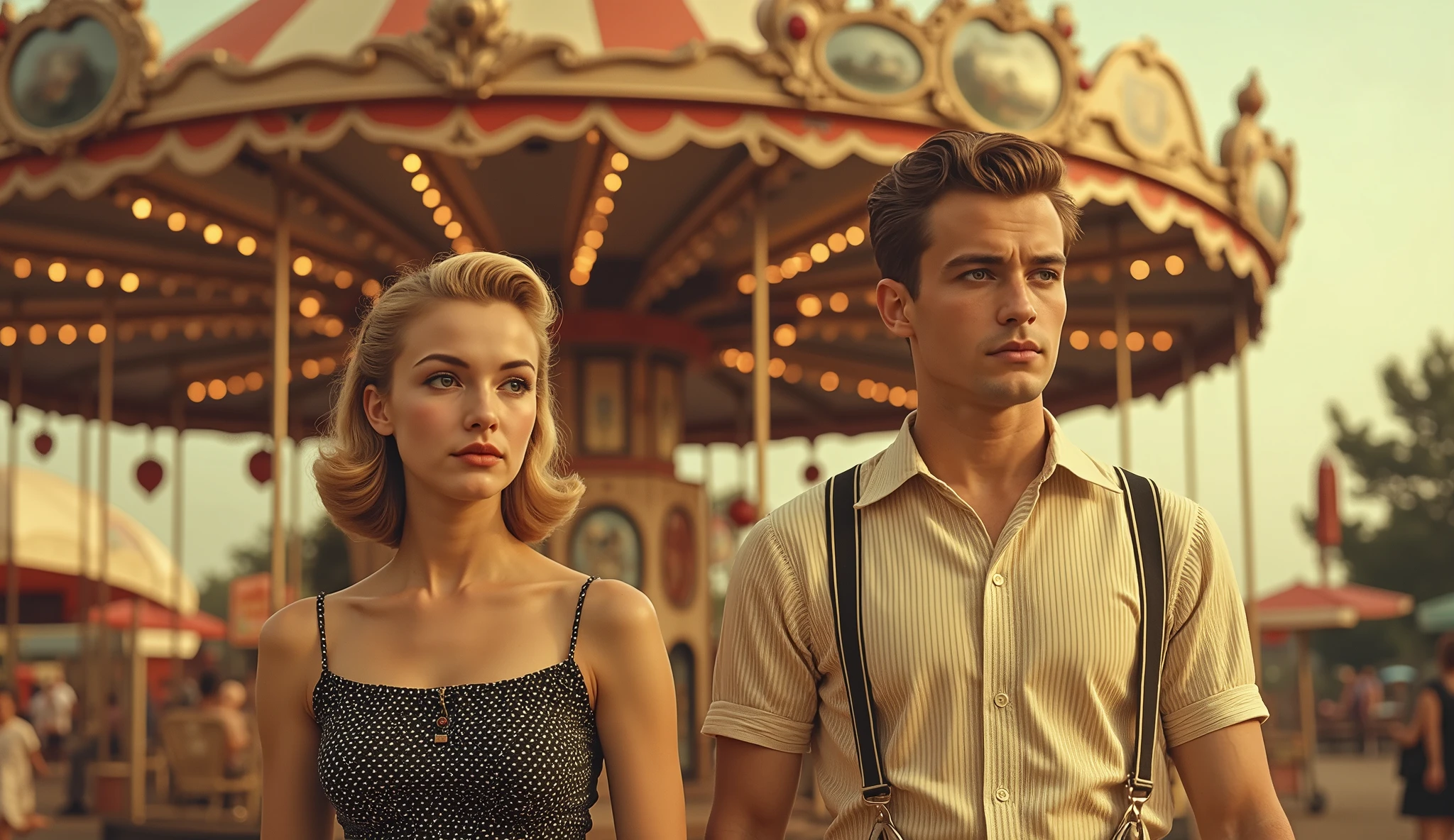 A young, light-skinned woman and man, positioned slightly off-center to the left, are walking side-by-side in a vintage amusement park setting. The woman, likely in her late s or early twenties, has shoulder-length, styled blonde hair and is wearing a sleeveless, black and white polka-dotted dress. The man, appearing to be the same age, is wearing a light-colored, vertically striped button-down shirt with suspenders and dark pants. Both are looking slightly away from the camera, creating a romantic and slightly contemplative atmosphere. The carousel in the mid-ground and background is a warm, rich golden-brown and beige color, with red and white striped canopies and warm, golden lights illuminating the scene. Several small, colorful balloons and red rocket-shaped decorations are visible in the background. The image is composed with a shallow depth of field, drawing attention to the couple. The soft focus and muted tones create a soft focus nostalgic and retro feel, reminiscent of 1950s or 1960s vintage photography. The overall color palette is warm and golden-toned, with a soft, diffused lighting, suggestive of a golden hour.
