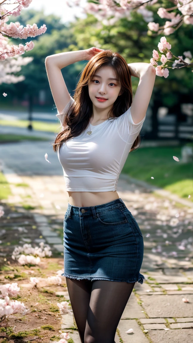 8k, highest quality, real image, intricate details, Super detailed, ultra high resolution, depth field,(realistic,realistic:1.2), from the middle, 1 Japanese girl, very beautiful 17 year old girl, Big eyes, beautiful breasts:1.5、fine eyes:1.1), (beautiful breasts:1.1), (small breasts:1.5), curly hair、bangs, perfect skin, Fair skin, (huge hips:1.2), (thick thighs:1.3), (thick legs 1.3), tight waist, alone, looking at the viewer, (smile:1.1), (white t-shirt:1.2), (jeans:1.2), (sculpture installation :1.1), break (closed mouth)