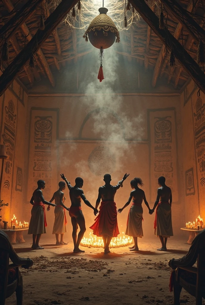 two ultra realistic mayan women with their backs to a portal with a majestic golden lion on the portal inside a black moon, convey depth. Healing lights come from the hearts of these women., one holds a bronze bowl and the other a large cocoa fruit over a ritual fire, They are sitting.. in the background women dancing.