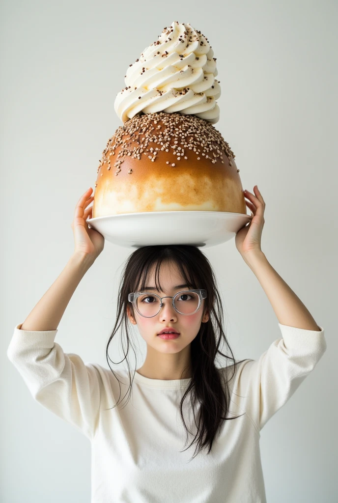 ((top quality)), ((傑top quality、masterpiece、high sensitivity、high resolution、detailed description、depicting a delicate face)),（Slender Woman、wearing glasses、)big pudding a la mode、Put it on your head、Support it with your hands、happy smile、