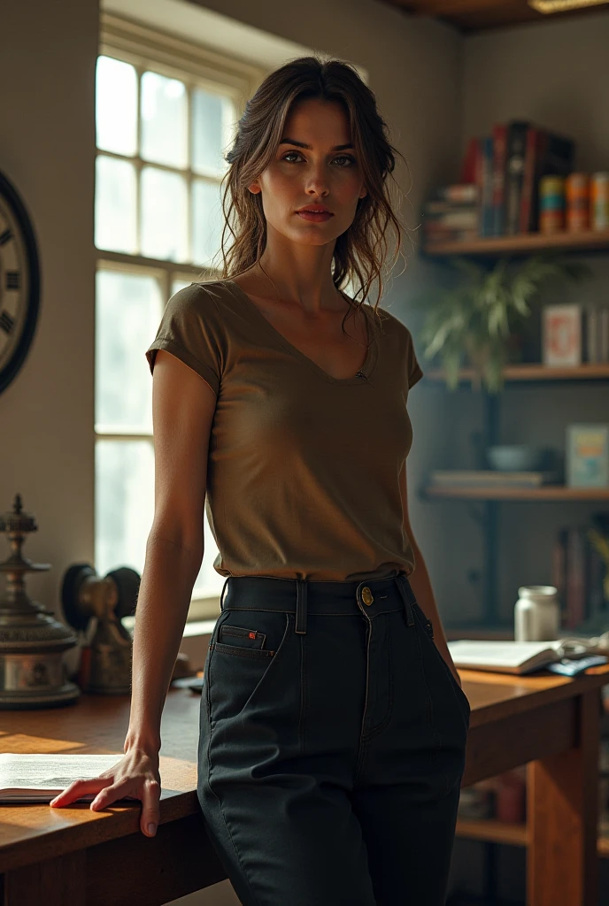 A mature mother of 35 years, with long pale skin, pelo rojo liso. ojos grandes y verdes , with an intense and enigmatic expression. usando pantalones deportivos y una sudadera con capucha, with a more elegant and sophisticated touch. En general, its appearance would be striking, atraer miradas curiosas e intrigadas. De pecho medio, bonitas nalgas regordetas, cinematic lighting, chromatic aberration, contraluz, obra maestra, detalles altos, average, alta calidad, 4k.