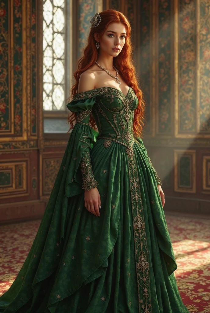 A 22-year-old girl, with white skin and red-blonde hair with golden streaks and emerald green eyes, back turned in a green ball gown on a medieval vibe staircase