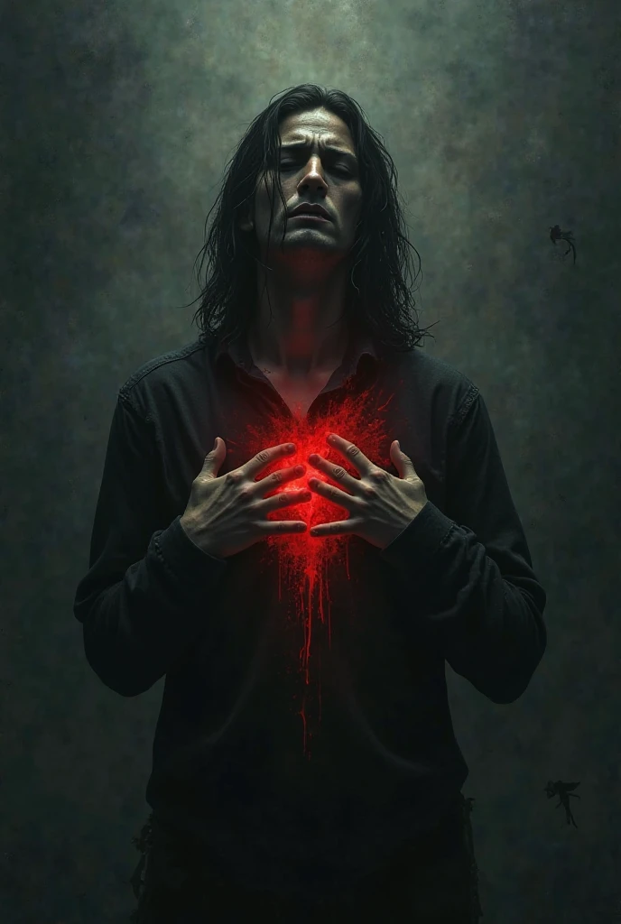 Do you want a non-realistic drawing with only black and white scribbles with a crimson red representing a man with resentment and anger in his chest