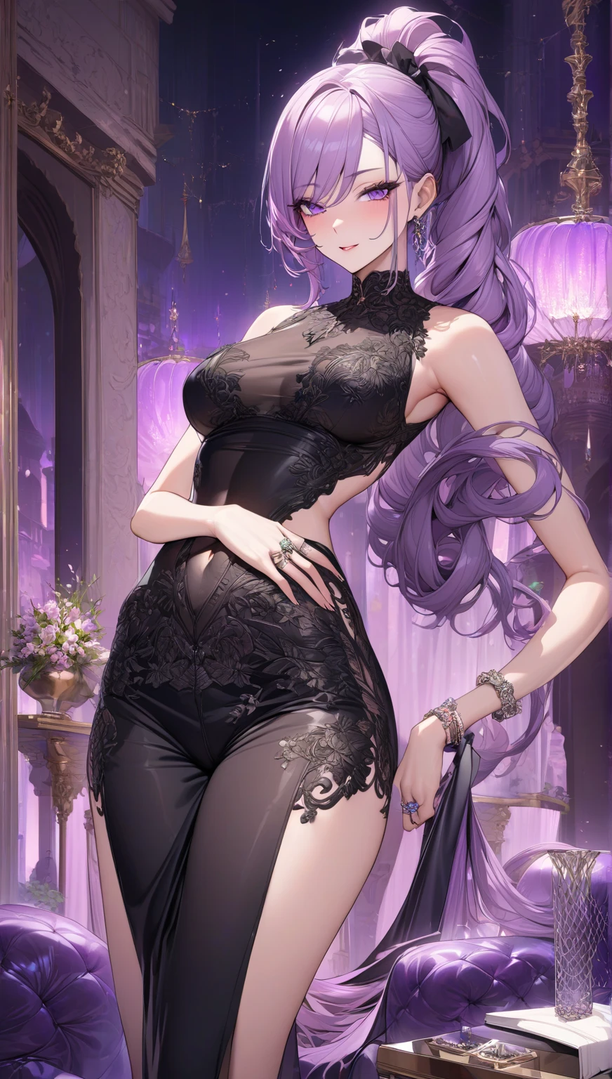 {{{Sword Art Online, Manager:1.9}}}, 8k, Best Quality, Super detailed, It is high resolution., Highly detailed CG, Clear, Best aesthetic, Great shading, (Photorealistic:1.3), High contrast, Ultra-thin illustration, Shrinkage rate, Beautiful detailed eyes, Beautiful detailed skin, Realistic skin, Beautiful detailed hand, Beautiful detailed fingers, Beautiful detailed hair, Detailed hair, Beautifully detailed ears, Beautiful Detail Lip, Professional Lighting, Beautiful detailed backgrounds, Very realistic backgrounds, 1 Girl, Solo, Beautiful 25 year old woman, ((very very long hair, Very thin lilac hair)), ((Light purple eyes)), ((Hollow eyes)), (beautiful detailed dress with many frills), Movement angle,Lip gloss, Cowboy Shot, Full Body, (Derogatory term), A captivating smile, Tempting, Room of Xicheng,