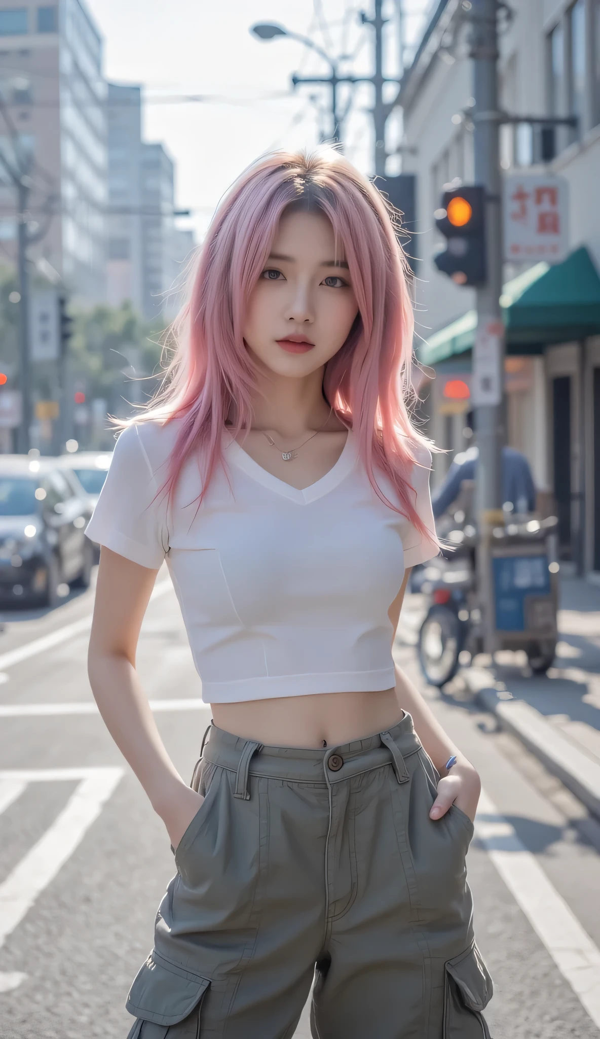 "Jisoo,soft pink hairstyle, wearing v neck tshirt cargo pants,candid pose, image is mid-range, in street.