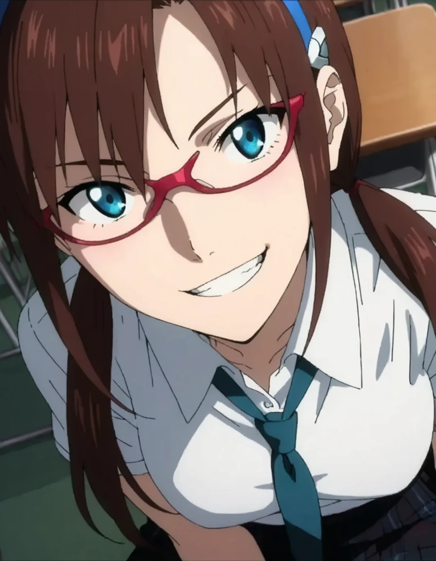 (anime screencap, masterpiece, best quality), Intricate details, indirect lighting, (extreme close up face:1.3), from above, looking at viewer, sitting, 15yo, 1girl, medium breasts, grin, cowboy shot, looking at viewer, classroom, 
BREAK long hair, brown hair, low twintail haircut, hairband, blue hairband, blue eyes, glasses, school uniform, 