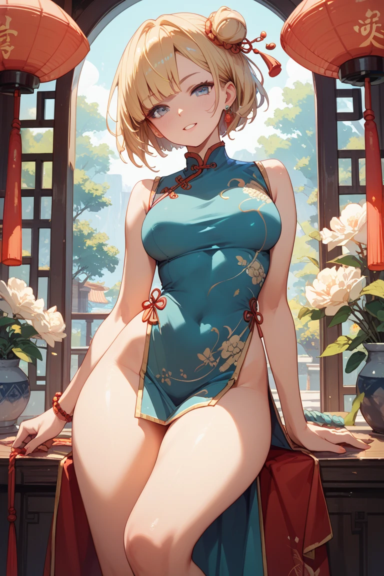 (masterpiece,highest quality,超A high resolution),Japanese women, (((Very beautiful 18 year old girl))), pretty girl、Look at the photographer､ ((Beautiful blonde bob hair)), Very cute face, Glossy Lips, Double eyelids on both eyes, blue eyes, Natural smile、 Natural Makeup, Long eyelashes, Shiny and smooth hair､Center image, Perfect limbs, Perfect Anatomy,(((Shiny Chinese Dress　lace panties))),Spread your legs and show your panties、Bite、Streaks are visible、Wet with sweat,Cowboy Shot,Sit on a chair