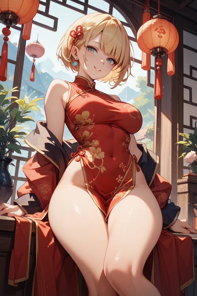 score_9, score_8_up, score_7_up, source_anime, solo, 1girl, hellsing, seras victoria, smug, sinister smug expression, evil, looking at viewer, arms behind back, blonde hair, hair over one eye, blue eyes, red gown, short sleeves, latex suit, humongous breasts, large breasts, massive breasts, boob window, bare breasts, naked breasts, Chinese dress, wearing Chinese dress, exposed thighs 