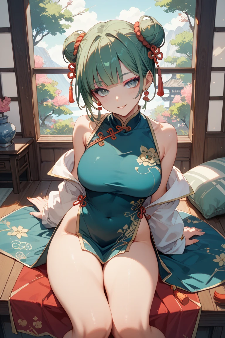 NSFW,((One Man and One Woman,Having sex)),short light green hair,Heterochromia,(a green eye and a blue eye),Tiara on the head,Green and white dress decorated with gold ornaments,Luxurious ornaments,Pedras preciosas,suspenders,garter strap,Black knee socks,Smile with open mouth,Revealing clothes,Lori,small tits,Curvaceous,Top image quality,Best Quality,masutepiece