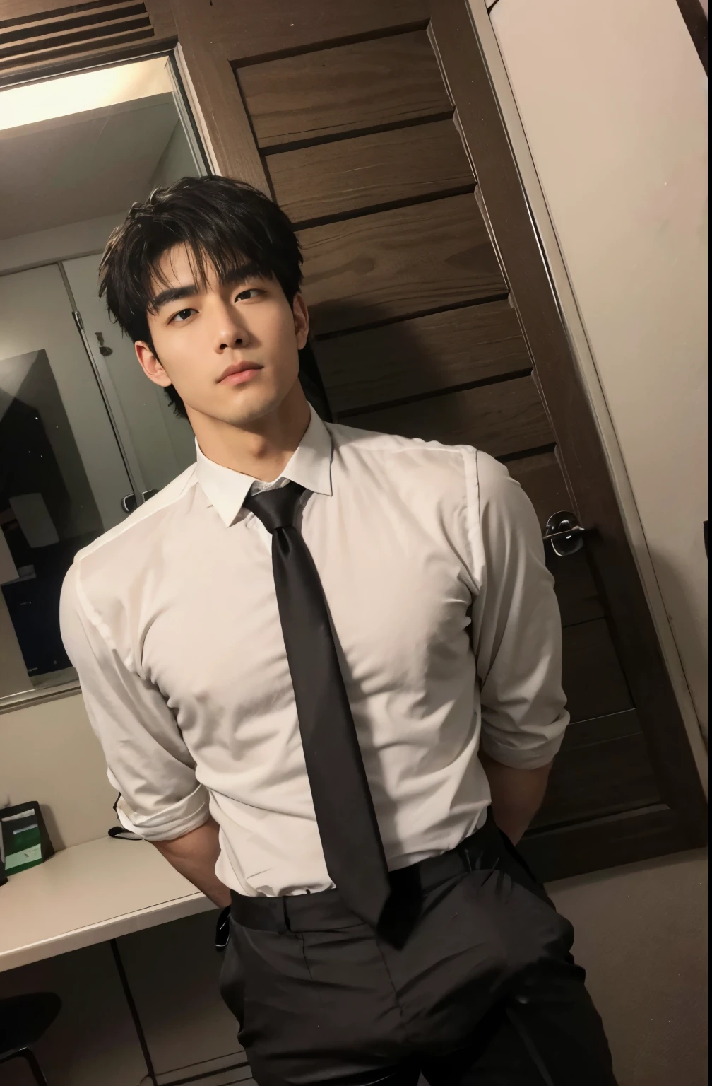 1 handsome Japanese guy，31 years old，Professional manager，Office room，Elite sense，Wear shirt and black suit，Short hair，Tall，Muscular，hairy bodies（thin eyes 1：3），fully body photo