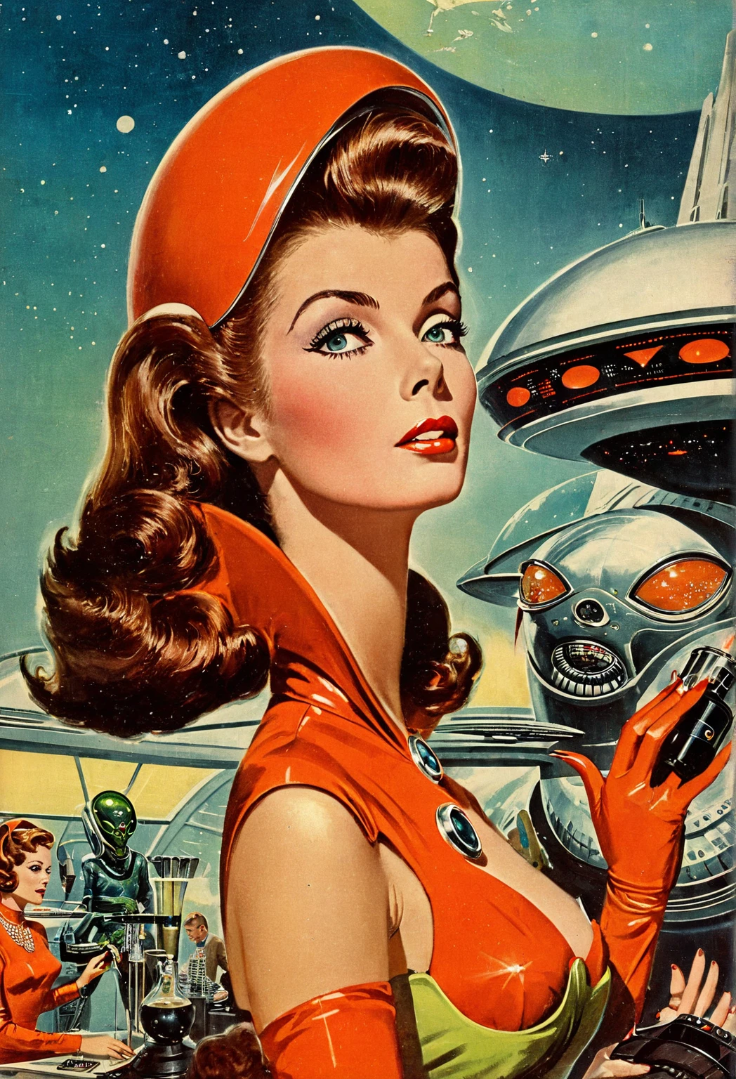 Retro futuristic, ((retro futurism)), ((Science fiction)), 1950s, (((1960s))), 1970s, (alien women),