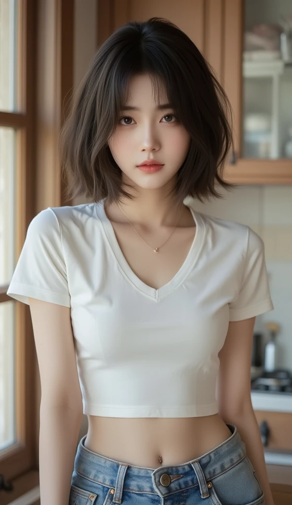 (masuter piece:1.3)、(8K、Photorealsitic、Raw photography、top-quality: 1.4)、(1girl in)、beautiful countenance、(Lifelike face)、(A dark-haired、short-hair:1.3)、Beautiful hairstyle、realisticeyes、Beautiful details、(real looking skin)、Beautiful skins、、absurderes、enticing、超A high resolution、A hyper-realistic、high-detail、the golden ratio、Slender whole body、Colossal tits、White T-shirt、Wearing jeans