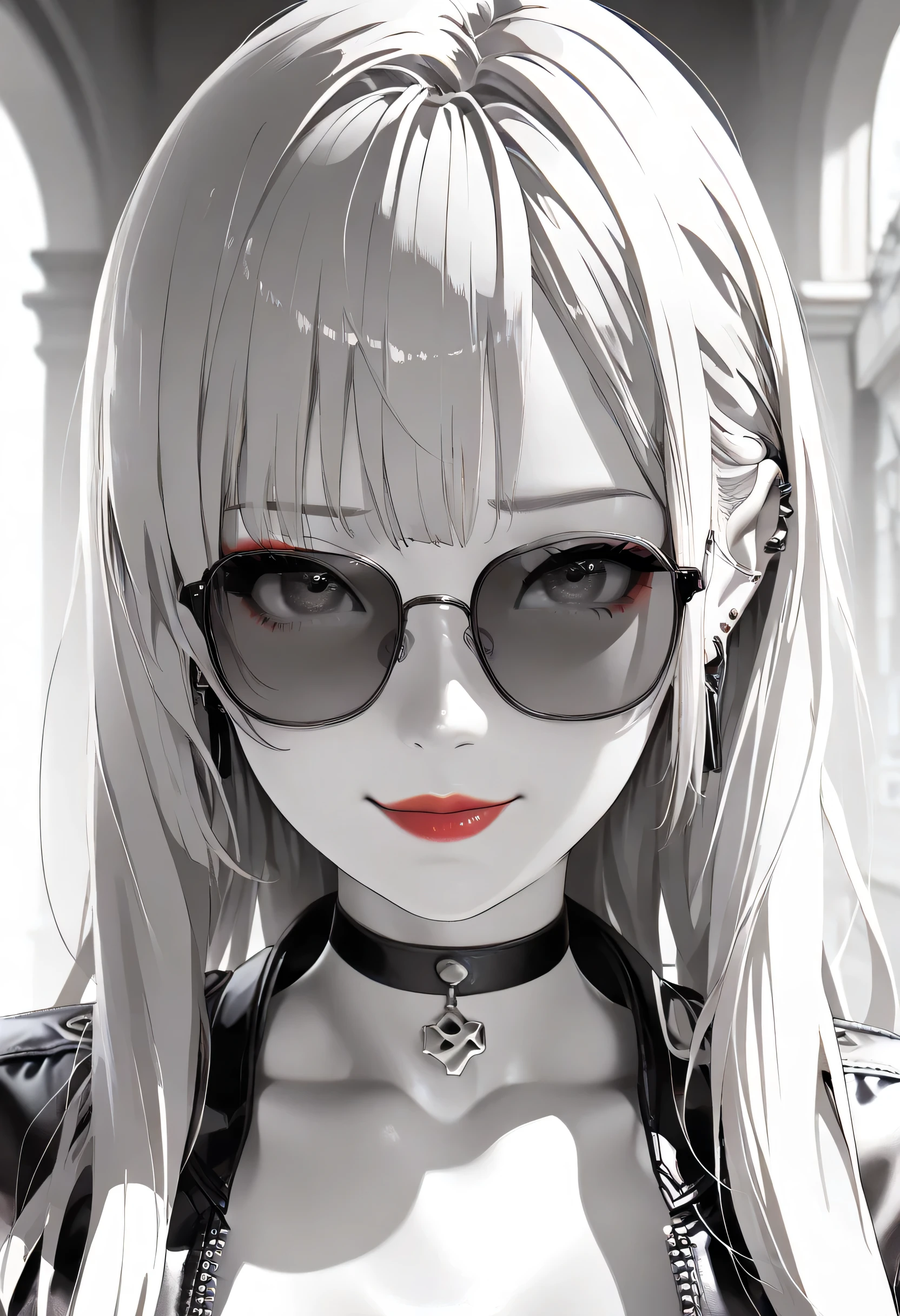 (Masterpiece, best quality , more details, 8k, 4K, hi res, ridiculous :1.3), ( Detailed Textured Lighting , detail surface lighting for viewers ), [Anime Screen Cap ] [ photorealistic] A 3D character model,perfect proportions, beautiful body,large breasts,wide hips,long hair,(naughty look,shy face)/punk girl, wearing a leather jacket, spiked hair,piercings,choker, rebellious expression,(((monochrome style))),red lips,((Portrait,face focus)),Stylish and cool woman, sexy,27 years old,((silky hair)),outdoor,Streets of france,(She lowers her sunglasses and looks at me with an upward glance)