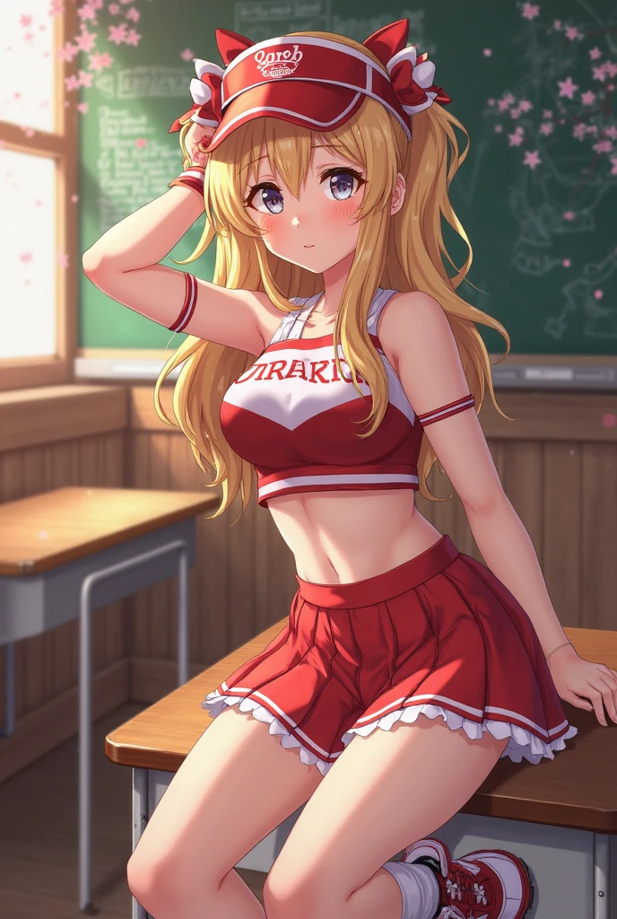 (masterpiece, best quality, detailed), 1girl, solo, looking at viewer, ninny, twintails, blonde,
cheerleader, pom pom \(cheerleading\), crop top, midriff, miniskirt, locker room, locker, indoors, bench, kneeling, hand on own chest, smile, closed mouth, wavy mouth, blush