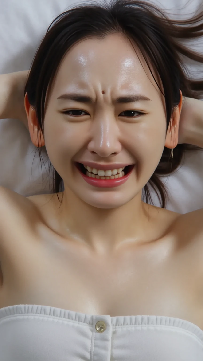 ((Completely naked:1.4)), ((Squat:1.3)), (Put the in the female genitalia:1.4)、(Woman with her wrists tied:1.4)、(Woman with arms raised:1.4)、One Girl,Award-winning photo, Very detailed, Edge Orgasm,Face Focus, (Woman with open mouth and closed eyes ), 30 years old、Black Hair、Glowing Skin、Face close-up,From below、Realistic nostrils、Long and narrow nasal cavity,(Bathroom)、Medium chest、(Sharp Nose)Grimacing performance:1.4, concept,teeth,performance,facial performances,Grimacing,Lift your head、((Skin shiny with sweat,Sweaty skin)),Grimacing performance