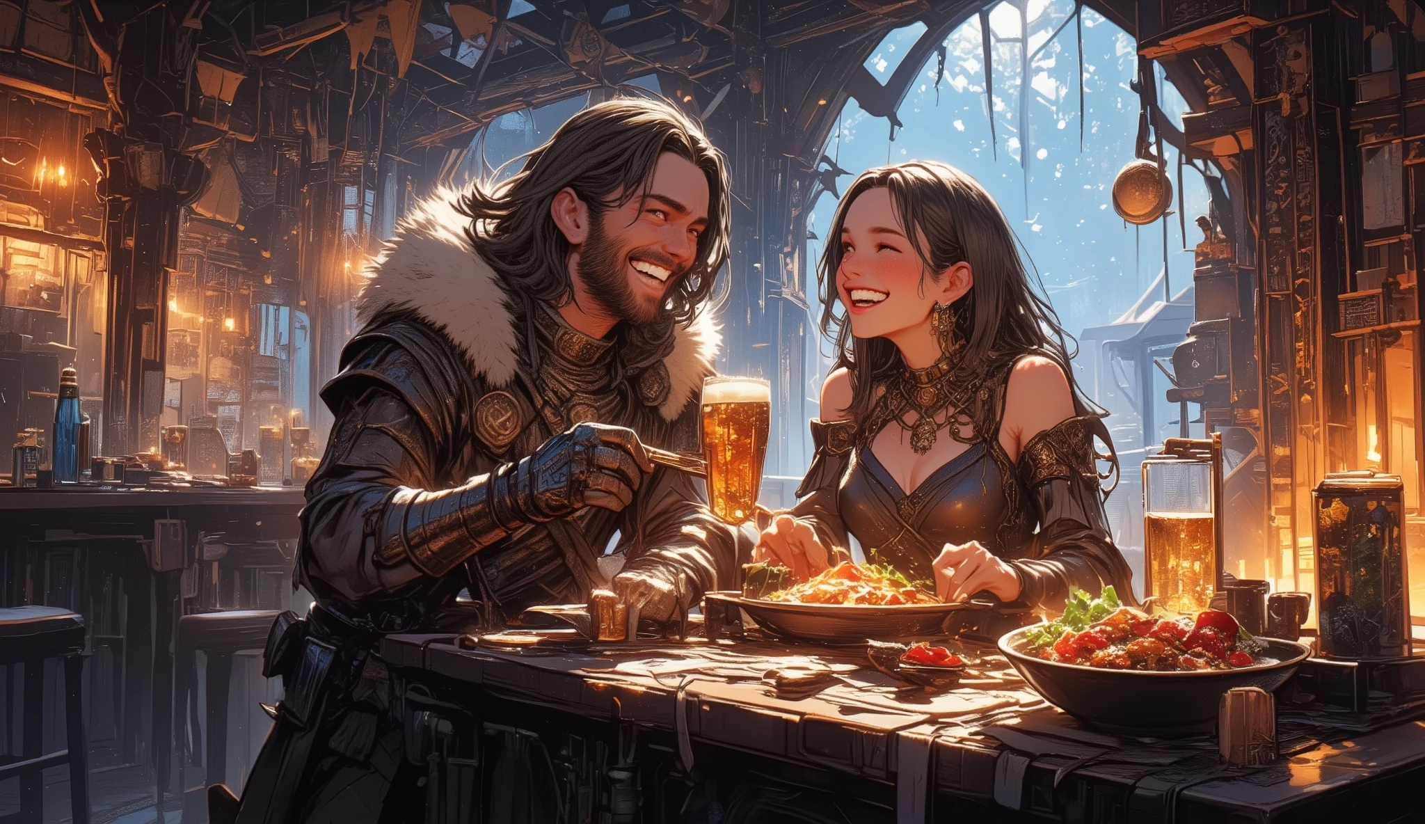 adventurer、Different world、fantasy、eating with friends、A bar where Celtic music seems to be playing、male２name、woman１name、Lively、Looks like a fun atmosphere、smile