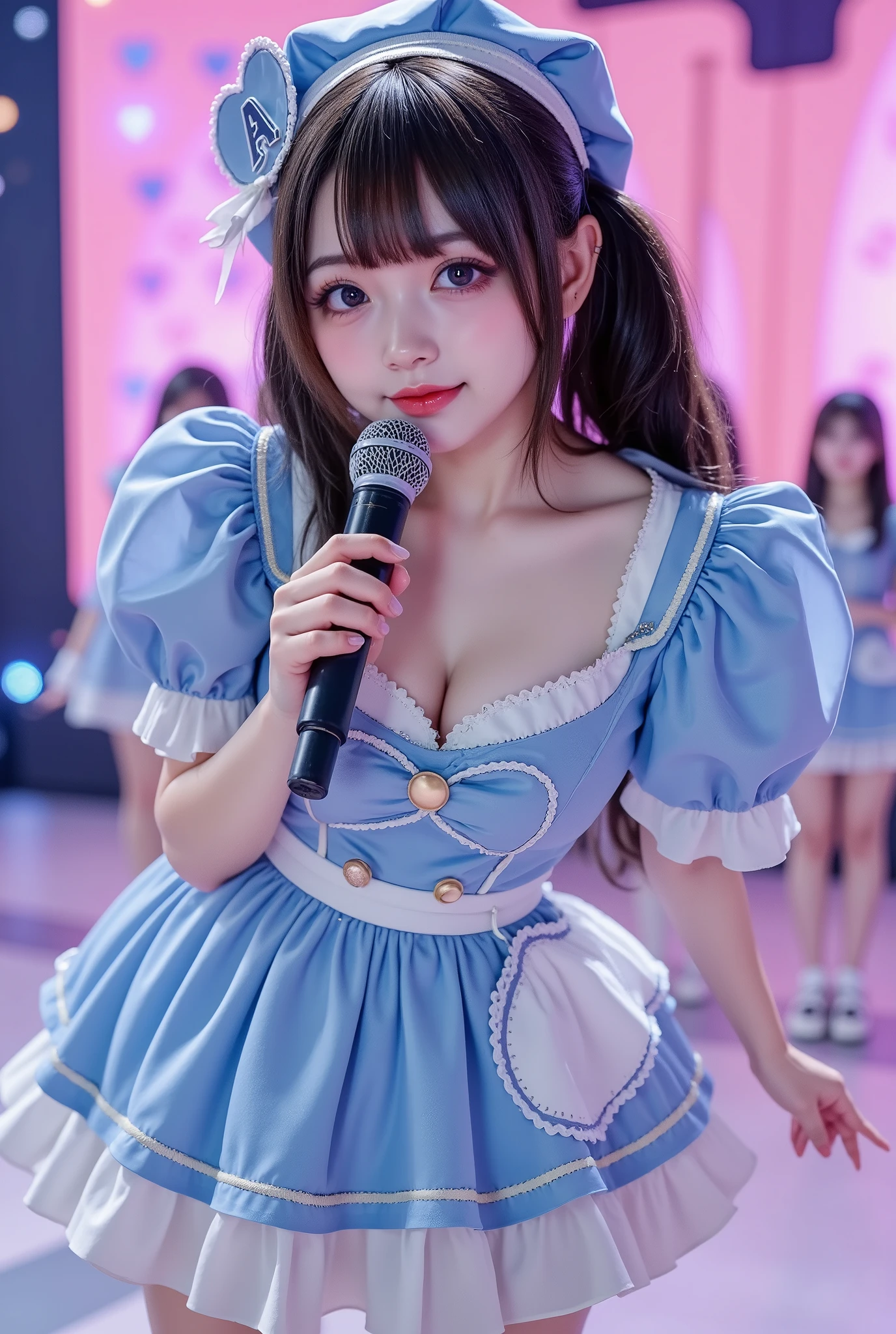 (extremely detailed, score_9, score_8_up, score_7_up, Very detailed, Detailed, Sharp focus, 8K UHD), Realistic full-body photo of a petite and very young Japanese woman, (((Full body costume visible, thick legs visible, chubby woman))), Big smile, detailed facial description, detailed eye description, big eyes with double eyelids, thick lips, black hair, black pupils, (((Small breasts, leaning forward pose, showing off cleavage-free chest))), An idol singer wearing a frilly blue-based stage costume is singing on stage with a microphone in hand, (((Holding a hand microphone in her right hand))), Behind her are members of an idol group wearing matching costumes, vivid and colorful lighting, a cute stage dotted with hearts, very fantastical, depth of field photo, princess cut with blunt bangs, looking at the viewer.