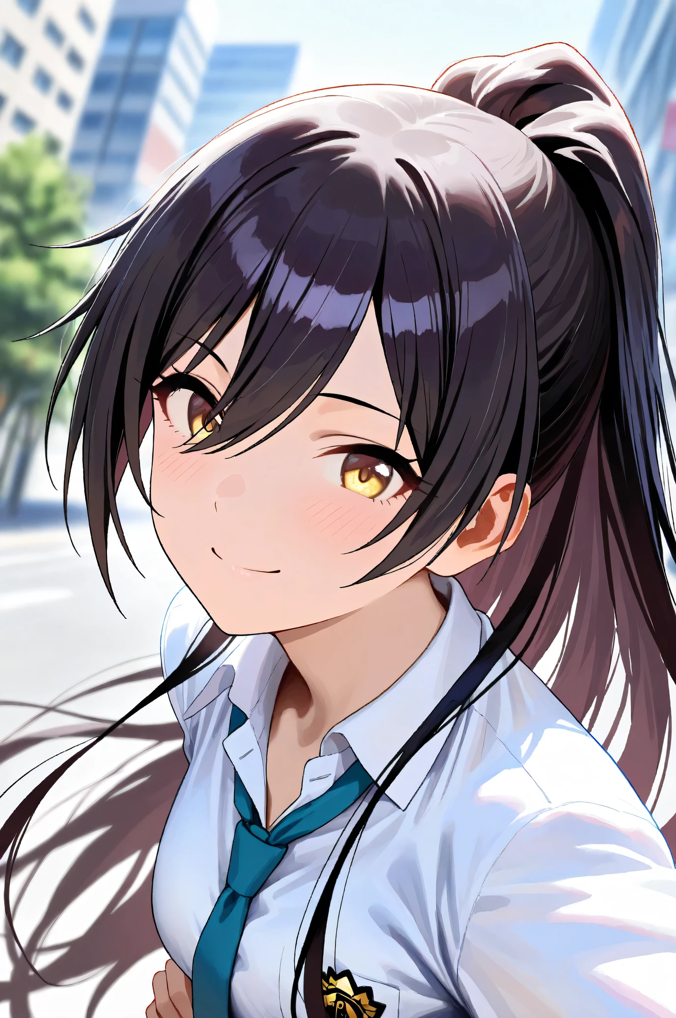 (Masterpiece:1.2), (Highest quality:1.1), (Very detailed),
(The best shape), (Best shadow), (Absurd),
(Detailed Background), (So beautiful), Shiny,
Beautiful eyes in every detail, Extraordinary, Countershading, 8k, 32K, High resolution,
Very Detailed CG, UHD,
Score_9, Score_8_up, Score_7_up, Source_anime,
(Pastel painting:1.2), (Watercolor painting:1.2),
(Masterpiece, Detailed:1.2), (Foreshortening:1.4),
Cinematic, Dramatic, (Depth of field:1.4),
(Blurry background:1.4), (Realistic background:1.4),
1 girl, Solo, Dynamic angle, from below,
Japan, Big city, Outdoor, Street, Wind,
Shirase Sakuya,
The idolmaster shiny colors,
srssky, very long hair, black hair, high ponytail, bangs, hair between eyes, yellow eyes, (large breasts:0.5),
School uniform,
Shirt, Collared shirt, White shirt, Light blue tie,
(Shirt hem out:1.1, DogTag,
(Blush:1.3),
Portrait, Focus on face, Smile,
Standing, Put one left hand on hips,
Realistic skin, Shiny skin,
