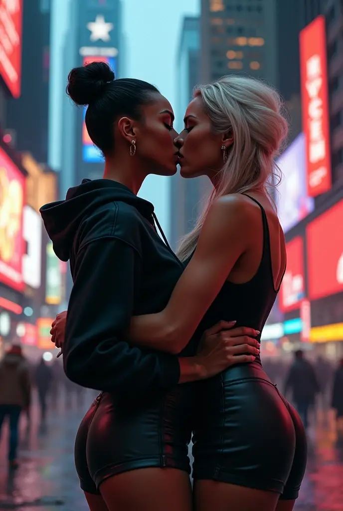 black woman hair in a bun black hoodie black leather short shorts bent over and old woman humping her bump time square new york city