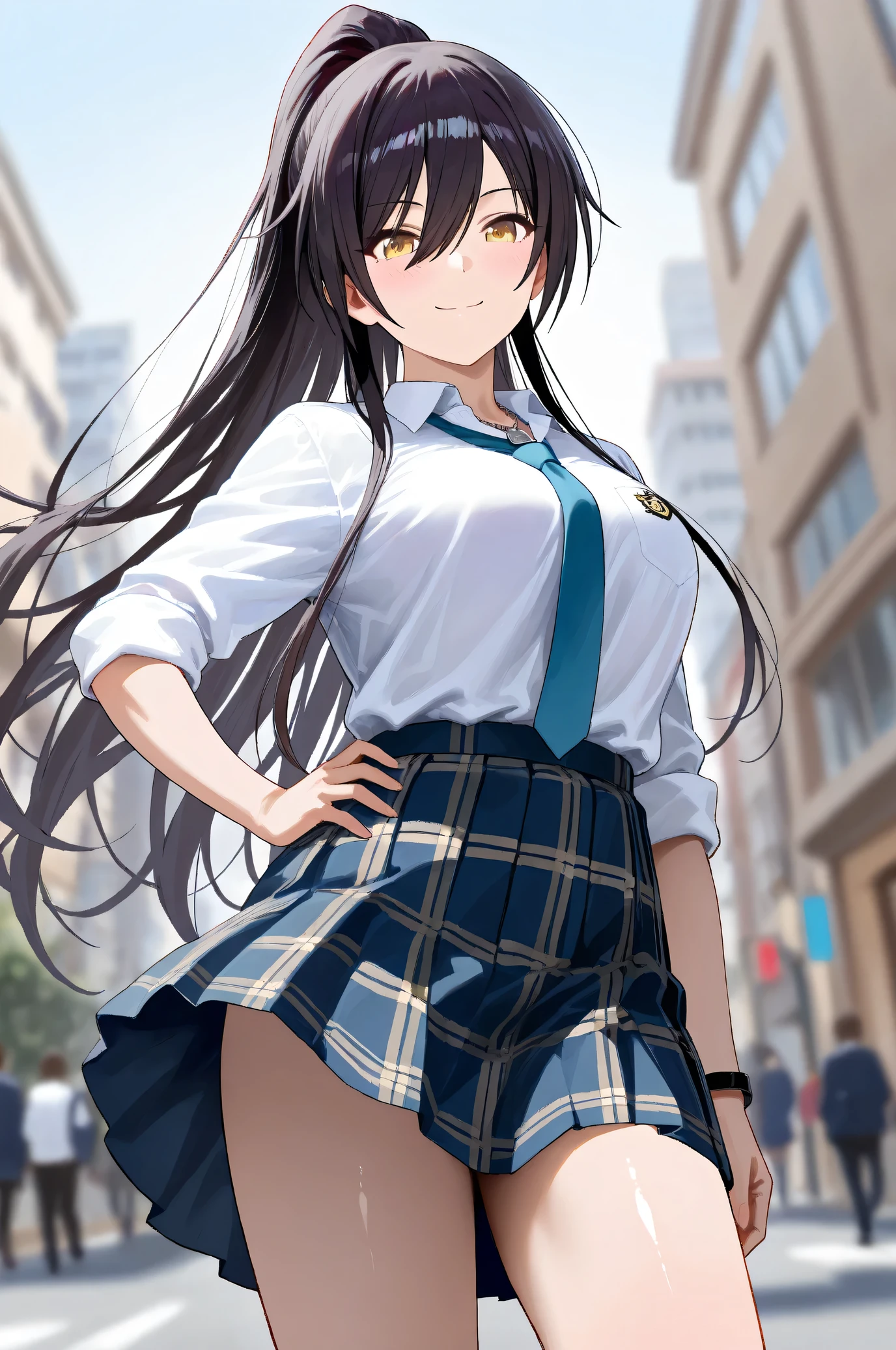 (Masterpiece:1.2), (Highest quality:1.1), (Very detailed),
(The best shape), (Best shadow), (Absurd),
(Detailed Background), (So beautiful), Shiny,
Beautiful eyes in every detail, Extraordinary, Countershading, 8k, 32K, High resolution,
Very Detailed CG, UHD,
Score_9, Score_8_up, Score_7_up, Source_anime,
(Pastel painting:1.2), (Watercolor painting:1.2),
(Masterpiece, Detailed:1.2), (Foreshortening:1.4),
Cinematic, Dramatic, (Depth of field:1.4),
(Blurry background:1.4), (Realistic background:1.4),
1 girl, Solo, Dynamic angle, from below,
Japan, Big city, Outdoor, Street, Wind,
Shirase Sakuya,
The idolmaster shiny colors,
srssky, very long hair, black hair, high ponytail, bangs, hair between eyes, yellow eyes, (large breasts:0.5),
School uniform,
Shirt, Collared shirt, White shirt, Light blue tie,
(Shirt hem out:1.1, DogTag,
(Blush:1.3),
Portrait, Focus on face, Smile,
Standing, Put one left hand on hips,
Realistic skin, Shiny skin,