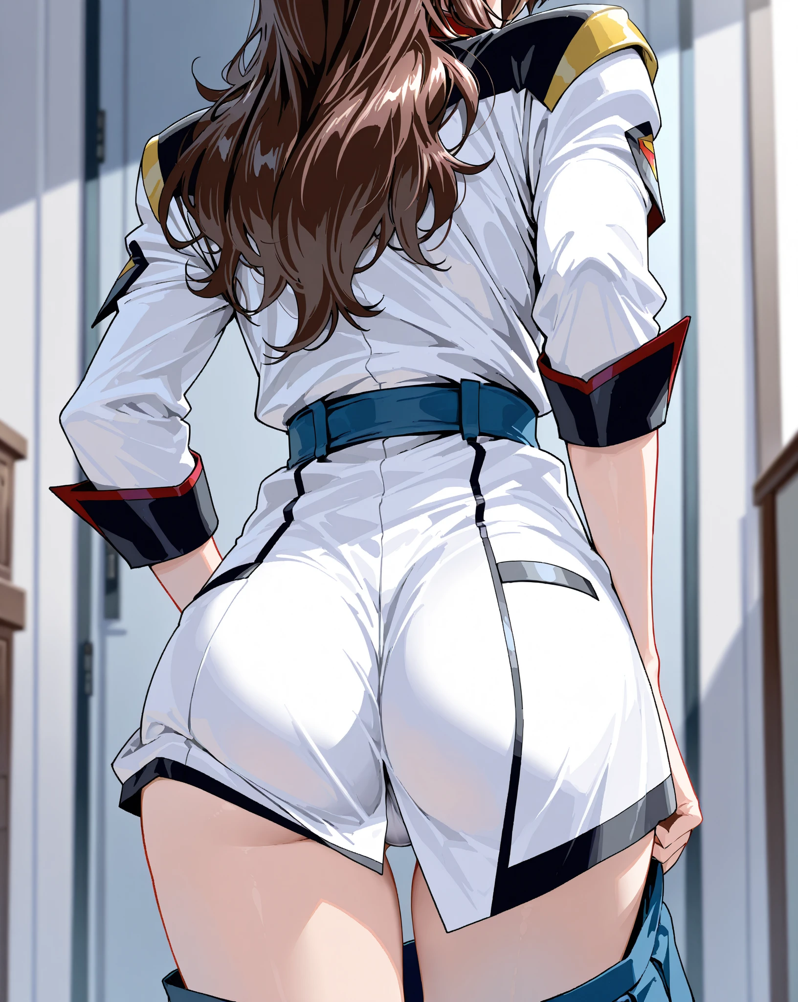 Fair-skinned, dark-haired young woman with plump figure, uniform, black socks, white underwear, sitting in an M shape