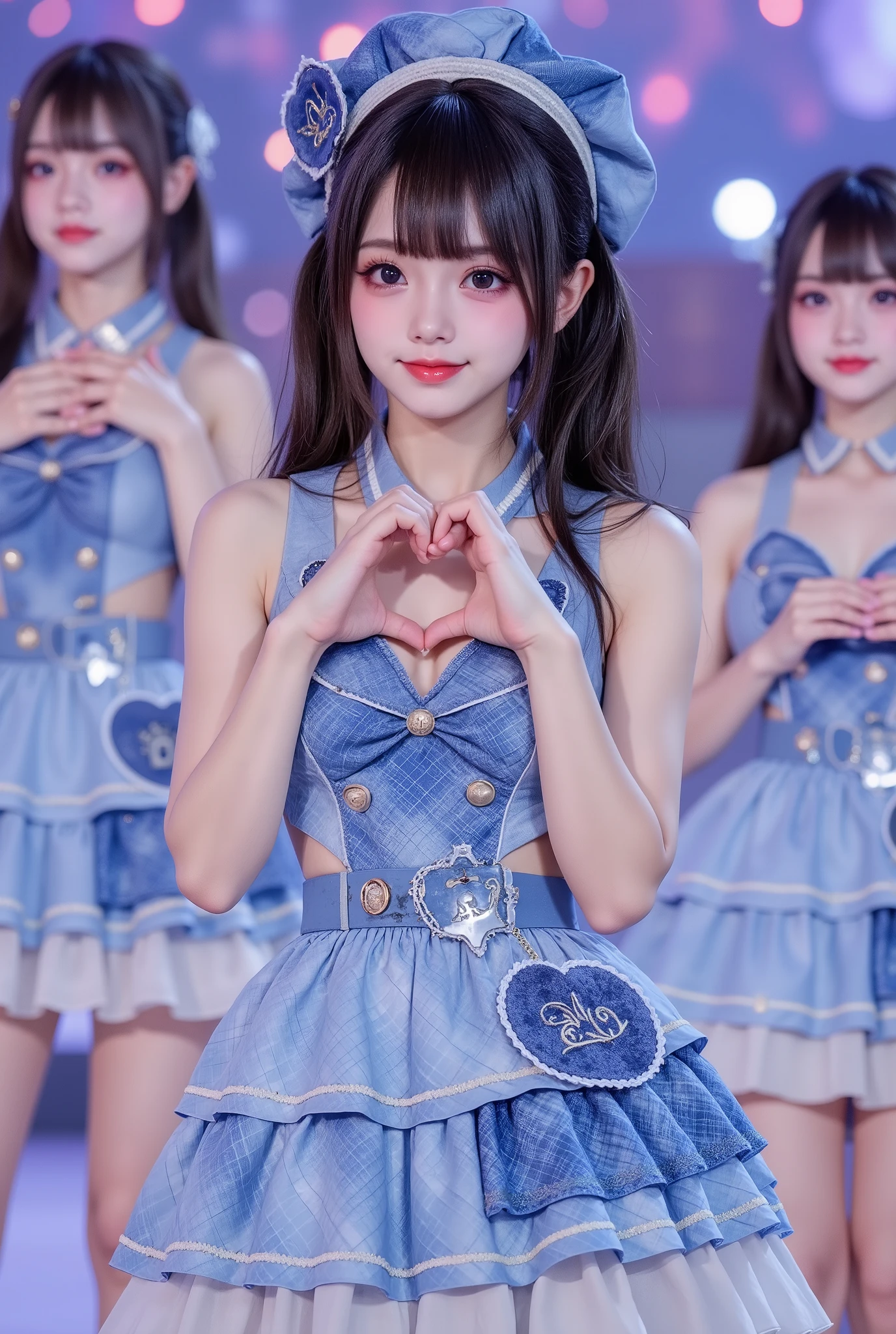 (extremely detailed, score_9, score_8_up, score_7_up, Very detailed, Detailed, Sharp focus, 8K UHD), Realistic full-body photo of a petite and very young Japanese woman, (((Full body costume visible, thick legs visible, chubby woman))), Big smile, detailed facial depiction, detailed eye depiction, large eyes with double eyelids, thick lips, black hair, black pupils, (((Small breasts, leaning forward pose, showing off cleavage-free chest, using both hands to make heart shape with chest))), Idol singer wearing frilly blue stage costume singing on stage with microphone in hand, (((Holding hand microphone in right hand))), Members of idol group wearing matching costumes behind her, vivid and colorful lighting, cute stage with hearts scattered all over, very fantastical, depth of field photo, princess cut with blunt bangs, looking at the viewer.