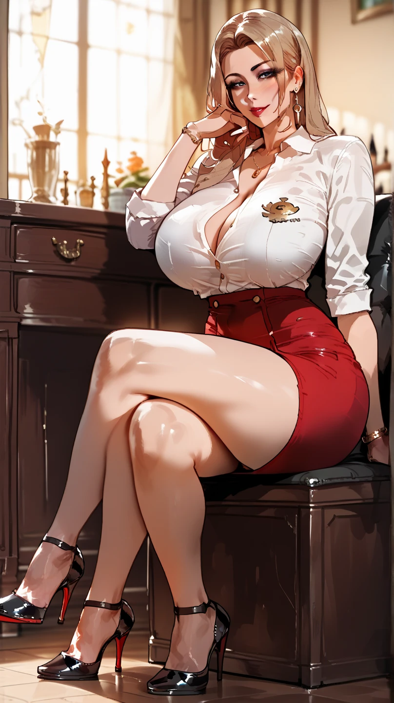 (Masterpiece, Best Quality: 1.2), 1girl, solo, sitting, office chair, desk, computer, coffee mug, short hair, big lips, bangs, blonde hair, blonde eyes, big breasts, shirt, lab coat, pencil skirt, earrings, moles under the eyes, makeup, lipstick, red lips, upturned legs, bend,