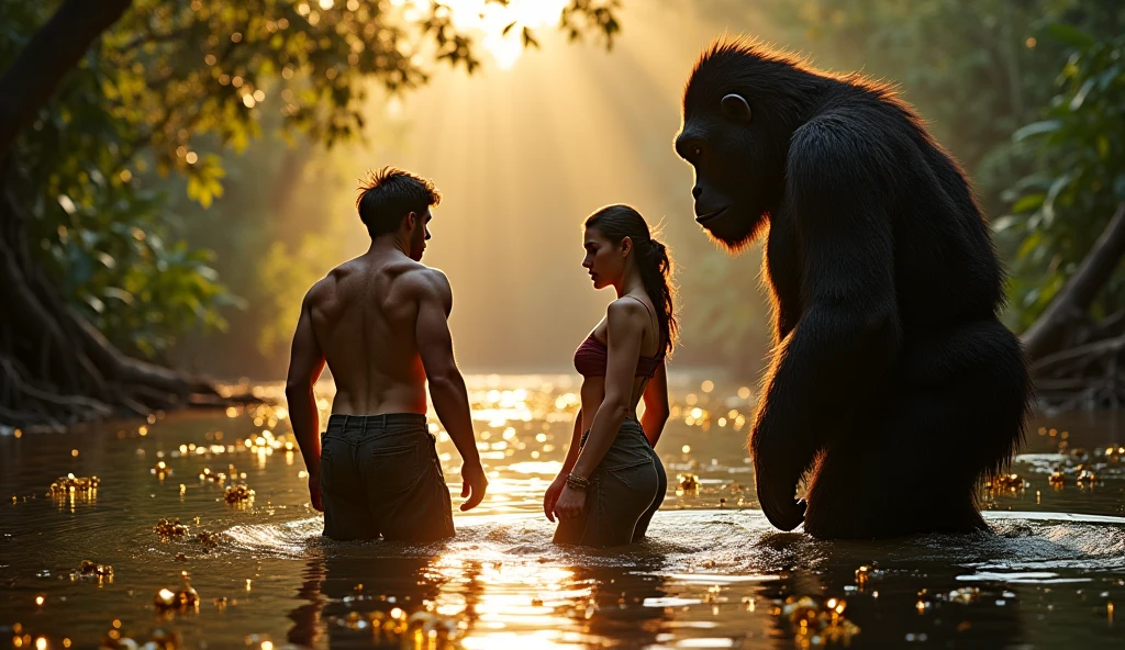 Black naked man chasing a topless woman crying in tight latex stockings inside a big forest real picture