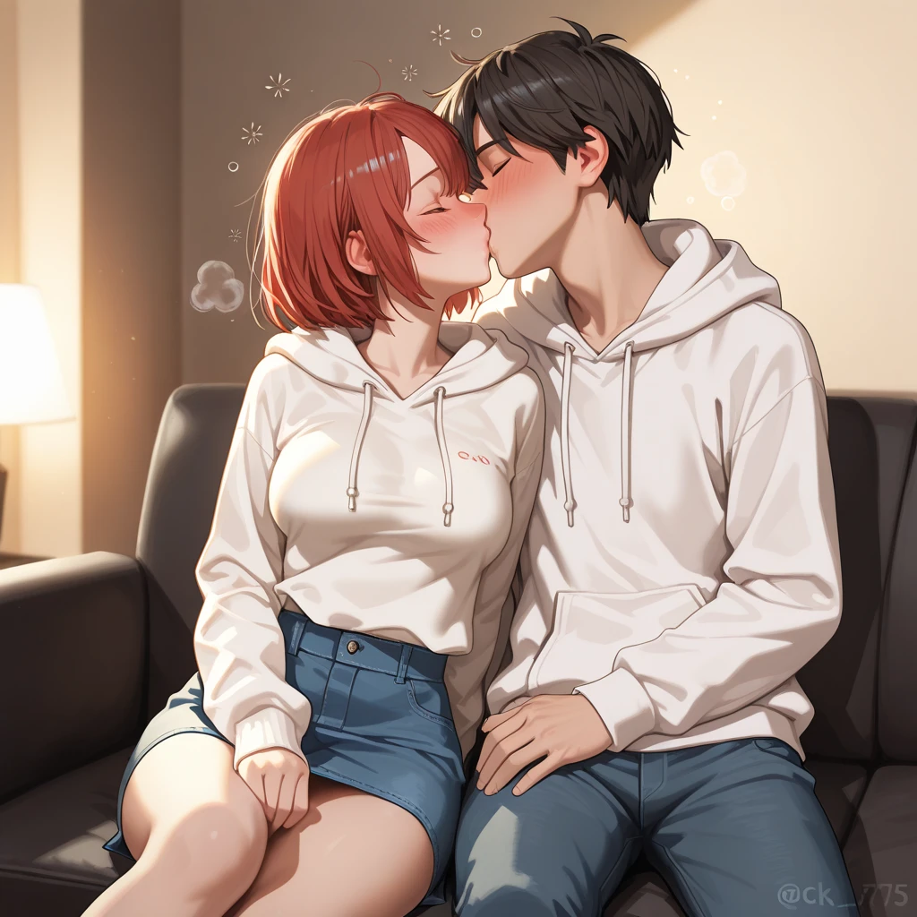 (Masterpiece, Best Quality, High Quality), professional artwork, well drawn, Intricate Details,(((a boy kissing a girl in her cheeks))),Kousaka honoka, room, ultra detail hair, ultra detail face, perfect eyes, earring, blushing, embarrassed, t-shirt, midriff, denim pants