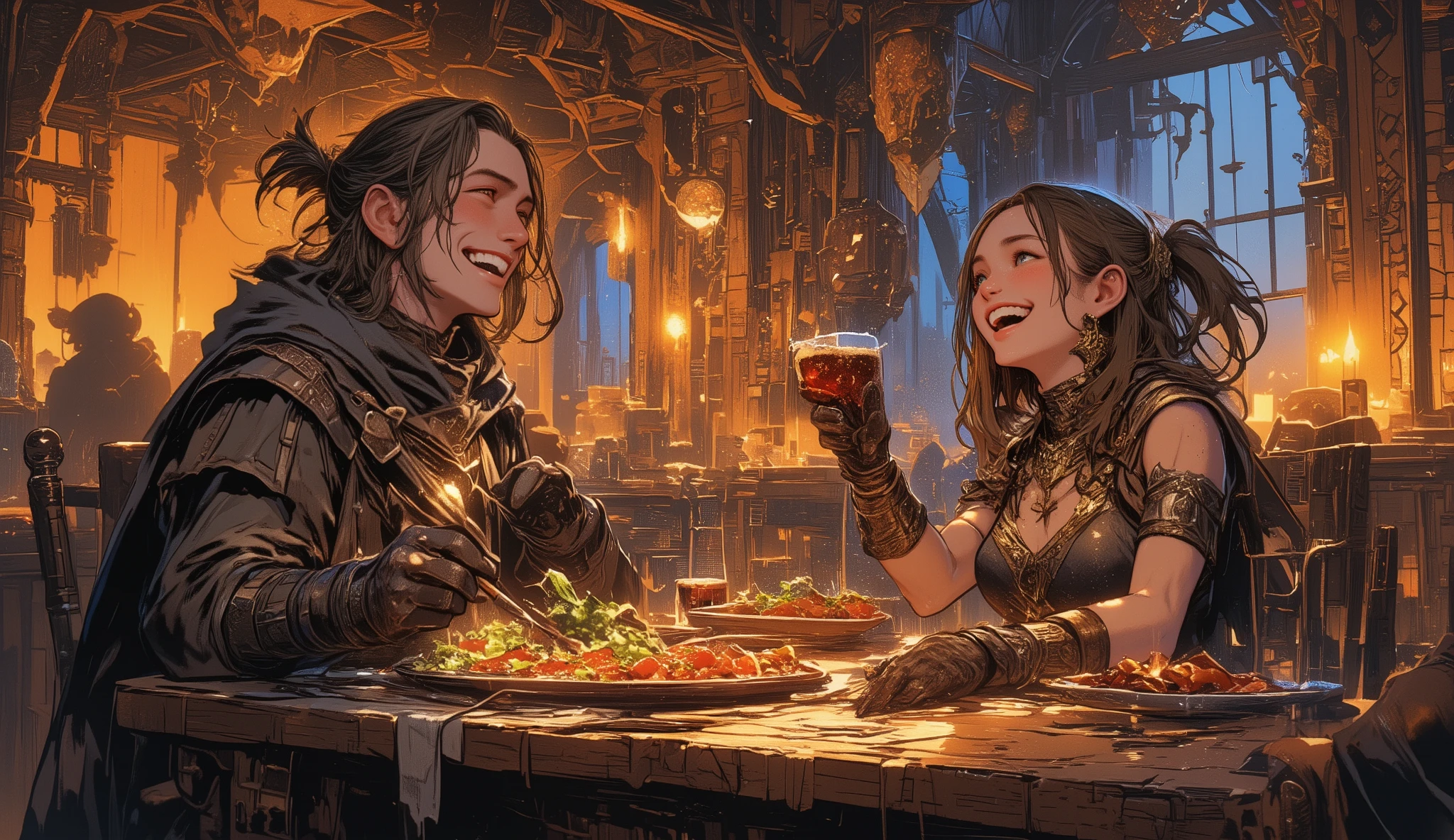 adventurer、Different world、fantasy、eating with friends、A bar where Celtic music seems to be playing、male2name、woman1name、Lively、Looks like a fun atmosphere、smile