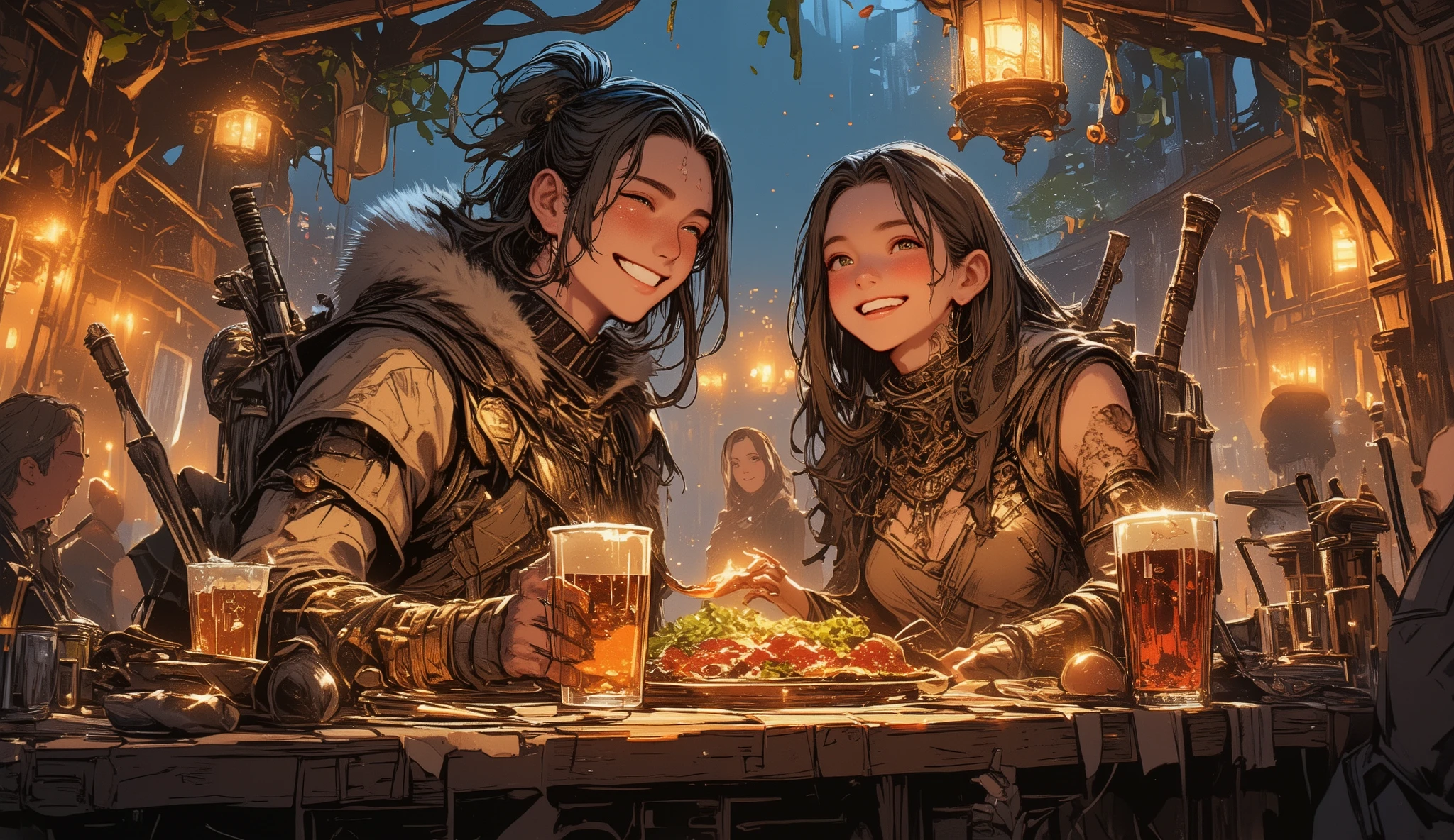 adventurer、Different world、fantasy、eating with friends、A bar where Celtic music seems to be playing、male２name、woman１name、Lively、Looks like a fun atmosphere、smile