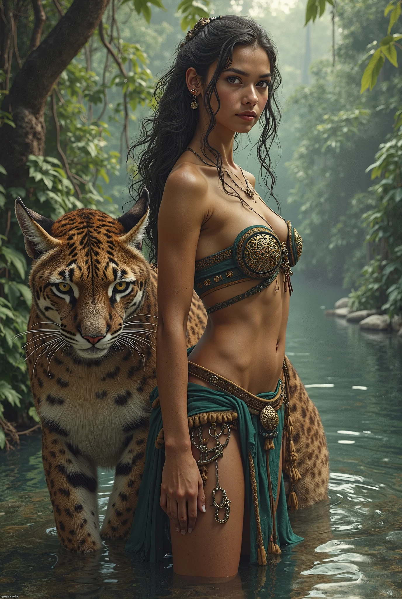  forest in beautiful girl and looking tigers, two peacock and one rabbit 