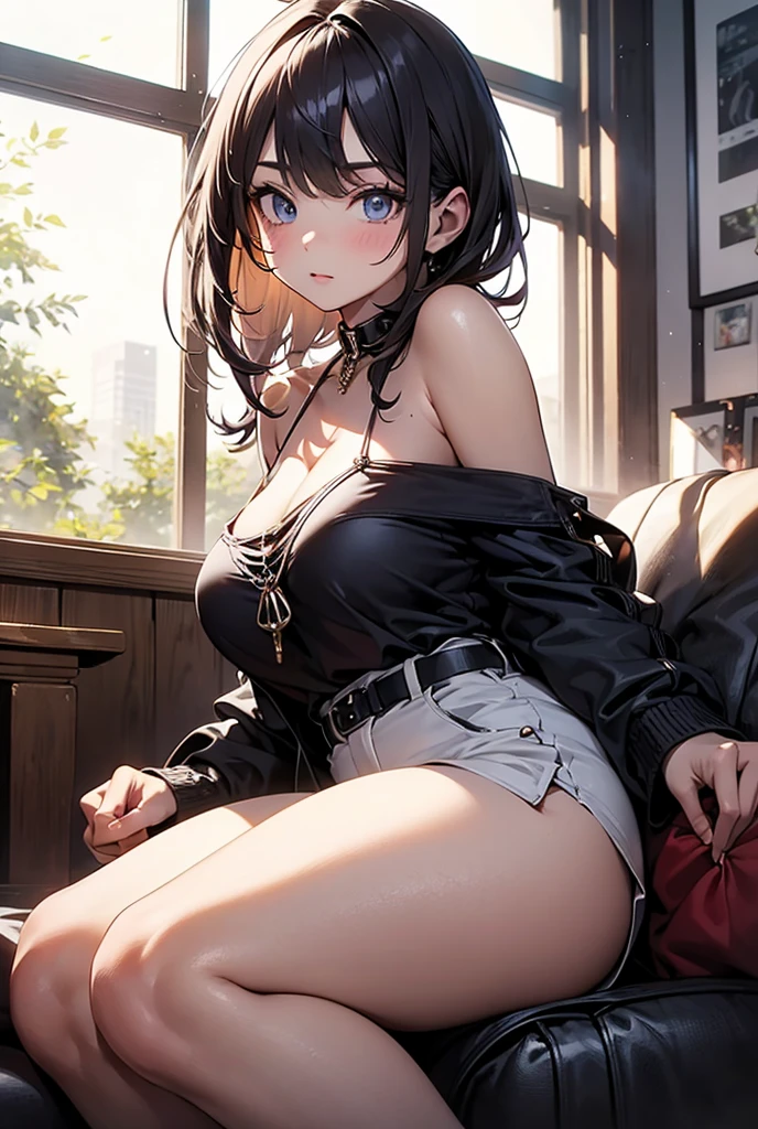 sleep、(Bow-legged)、Navel exposed、Woman making a peace sign with both hands、Sunburned skin、High heels、Atelier Ryza,Atelier Ryza、Dark Skin,Thigh-high boots、Tight shirt、Navel exposed、Focus on the thighs,Daisy Dukes、Troubled expression、Dark Skin,Close-up of female cosplay photo, Thick thighs、expensive, (Maximum resolution: 1.2), (Beautiful Eyes and skin), 8k resolution, Sharp focus: 1.2, Perfect Style, Beautiful Face、Beautiful Eyes, (Glossy Lips: 1.4), One person&#39;Perspective, (Adult female), Big and ample breasts,Sexy pose, (panties), (bra), (In underwear), (Flashy underwear), (lingerie), 