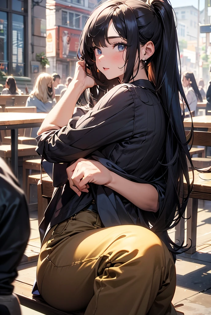 Digital Art, (girl, black_hair, ahoge,big braid pony tail,Flowers, baggy jeans, White shirt, discret smile, Cute look),(huge bust:1.7), (Sitting on a bench, river in the background, the golden hour),, Daniil Sponitsky Dzegman