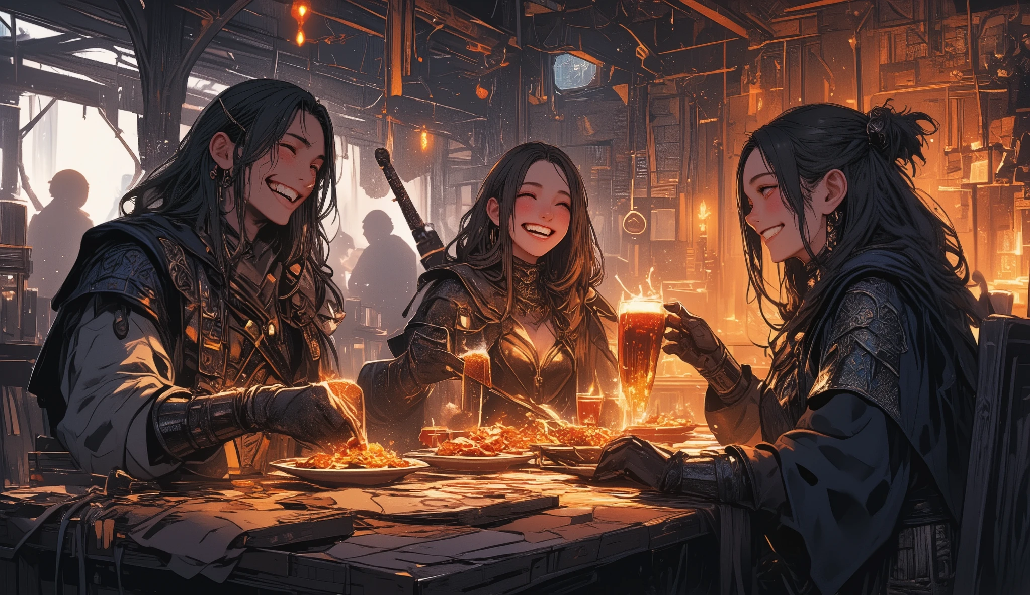 adventurer、Different world、fantasy、eating with friends、A bar where Celtic music seems to be playing、male2name、woman1name、Lively、Looks like a fun atmosphere、smile