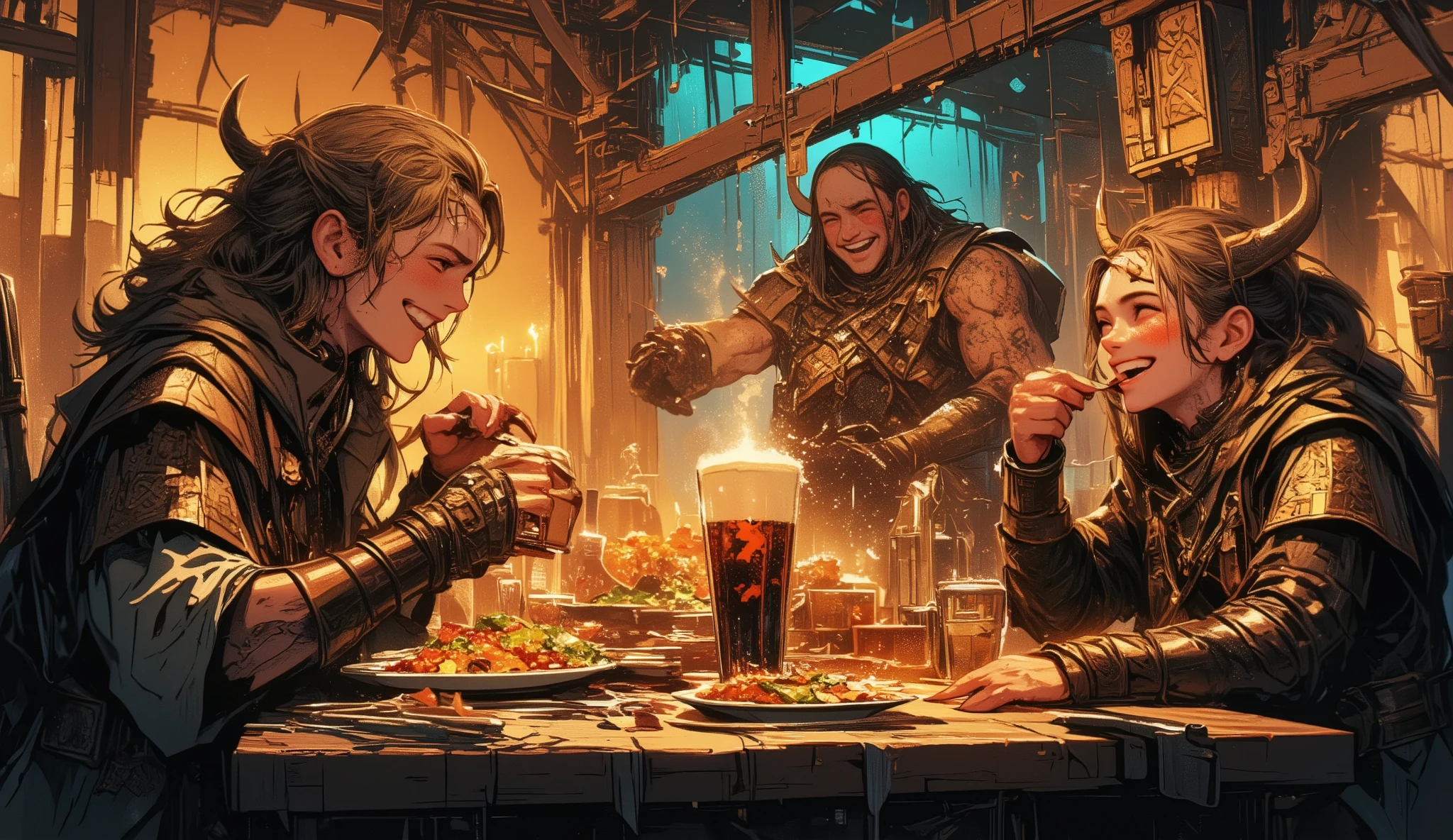 adventurer、Different world、fantasy、eating with friends、A bar where Celtic music seems to be playing、male2name、woman1name、Lively、Looks like a fun atmosphere、smile