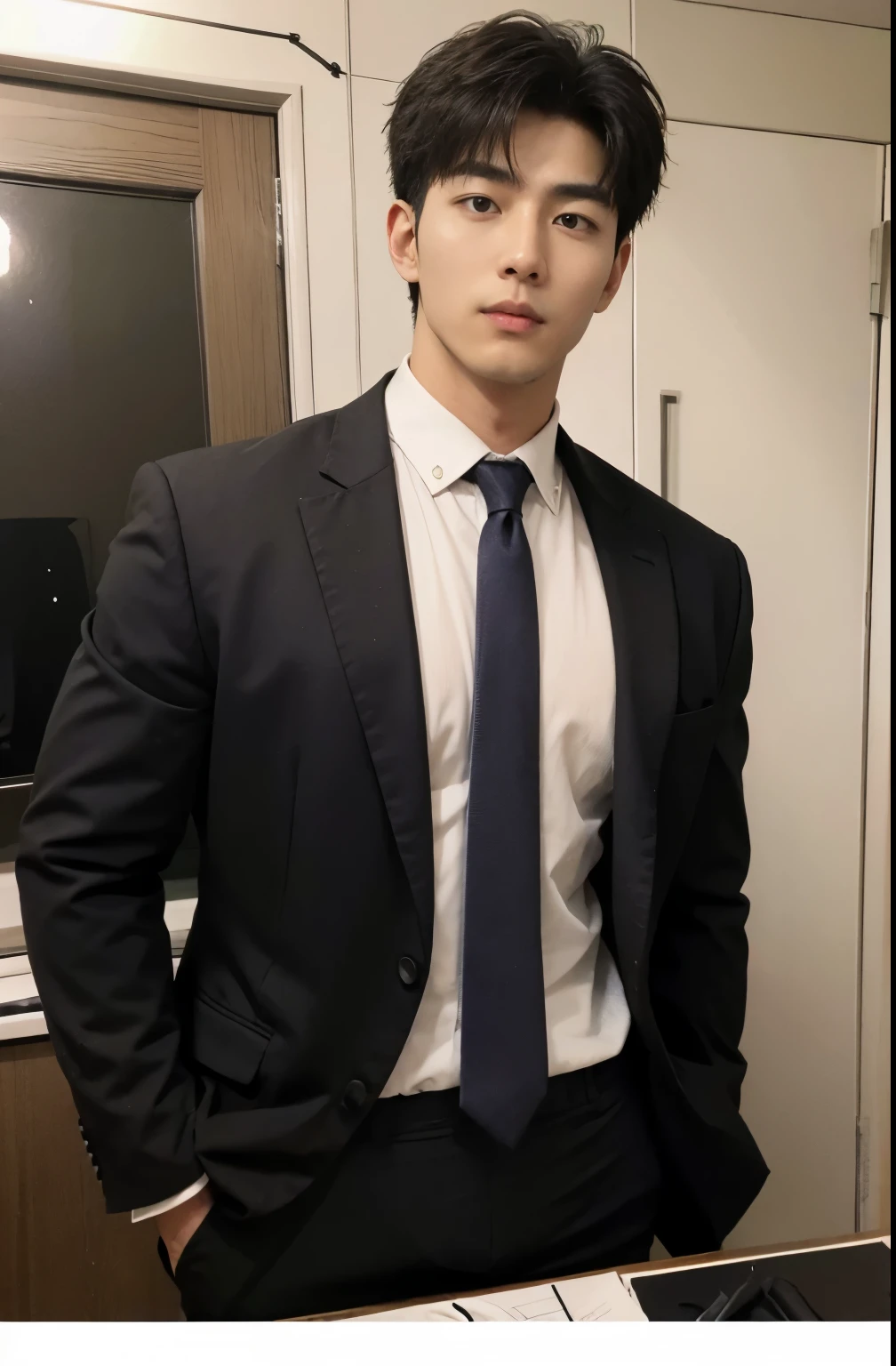 1 handsome Japanese guy,27years old,Corporate executives,Dress shirts and ties, Business attire, Professional Dress, Prepare for the meeting, Handsome and elegant, Wearing a black and gray suit, Sexy masculine, in blouse wearing, Masculine and handsome,musculous,Muscles look good,hairy bodies,with fair skin,黑The eye(thin eyes 1:3),Full body photo