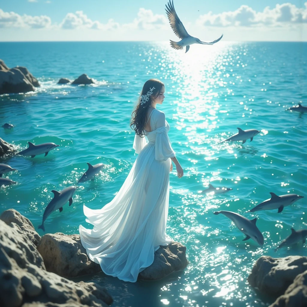 moment,  Nature,  sea, woman, bird, dolphins,  beauty, perfection, incredible,  best hour,