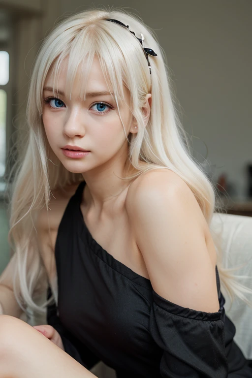 a beautiful detailed 1girl, extremely detailed eyes and face, long silky white hair, beautiful blue eyes, looking at viewer, realistic, photorealistic, photo-realistic, HDR, 8k, high quality, masterpiece, professional, ultra-detailed, vivid colors, studio lighting, physically-based rendering,Room background