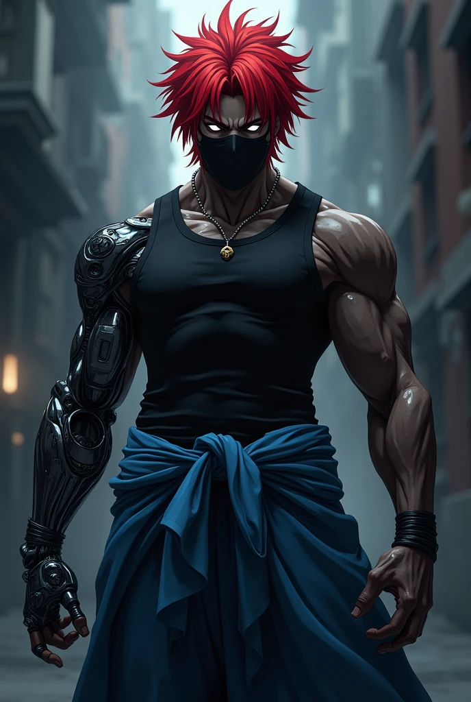 hero costume: mask, topless male, black pants
Add red hair and red eyes if necessary., hairstyle: His hair is wild and spiky, often directed upwards, which gives it a striking appearance. Statur: He is strong and muscular, which underlines his physical strength. Features: Kirishima has square, markante Features. His eyes are often determined and energetic.
Teeth: He has sharp, spitze Teeth, which are sometimes visible, when he smiles or fights., scar: If his Quirk, Hardening, is activated, erscheinen scar und Risse auf seiner Haut, which give it an even harder and more robust appearance.
Heldenkostüm: His hero costume consists of a red and black armor. The armor has an exposed upper body, so as not to impair mobility, and he wears a red mask, which emphasizes his eye area. In addition, there are wide, red wristbands.
Miscellaneous: His hero name is "Red Riot", which is underlined by the strong colors of his costume and his impressive appearance.