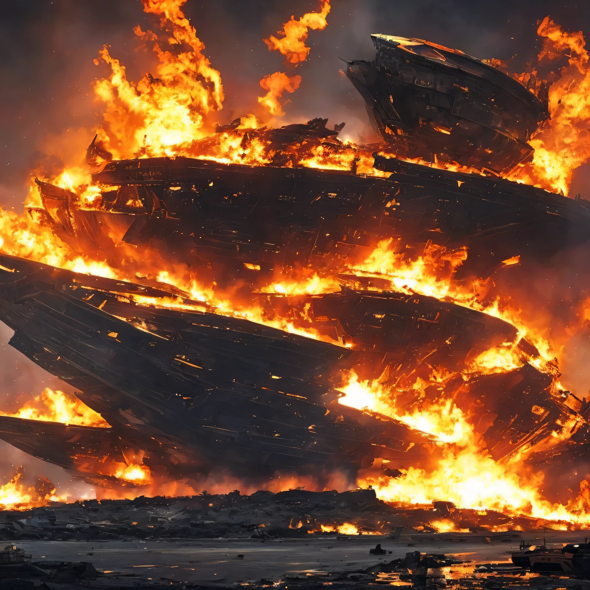 A huge spaceship that crashes wrapped in flames and black smoke、detailed and realistic pictures、Doomsday War 、Hellish Scene、Fleeing crowds、ruins、
