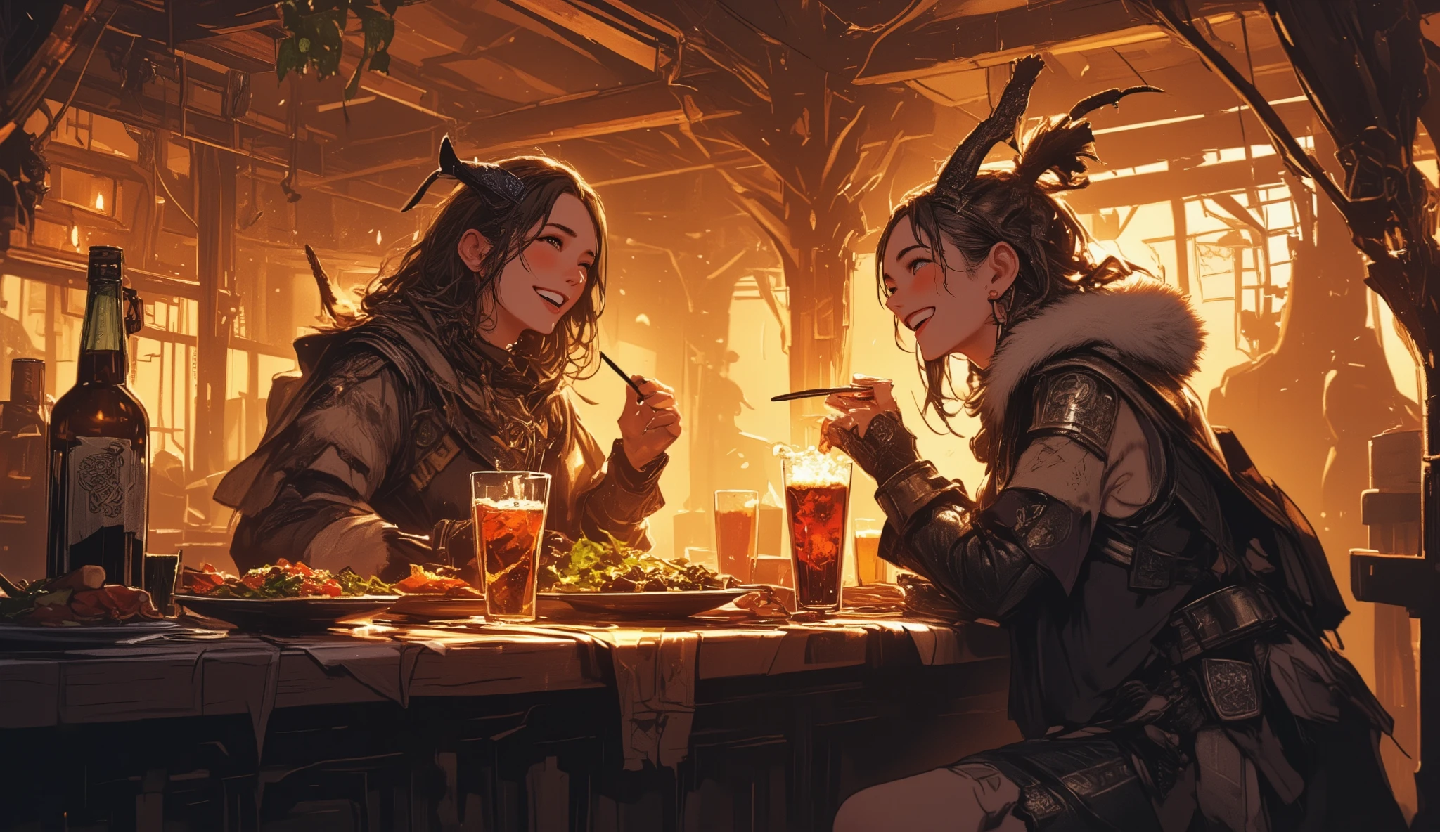 adventurer、Different world、fantasy、eating with friends、A bar where Celtic music seems to be playing、male2name、woman1name、Lively、Looks like a fun atmosphere、smile