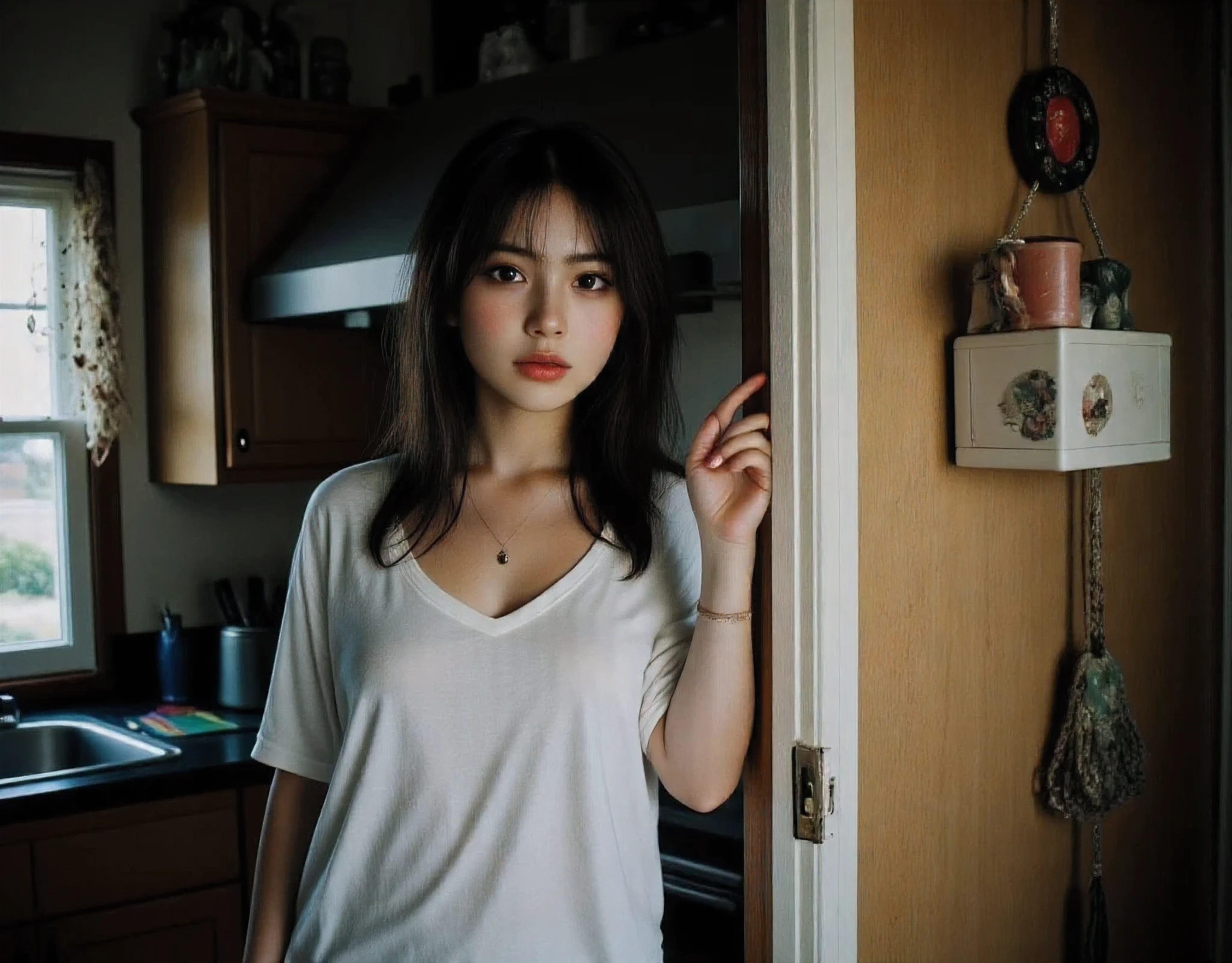 {(no bra, braless)} Taken from a Leica m9 50mm 1.2, lowlight photography, At the house, seductive small smile, My Sweet adorable innocent and sexy mommy is standing in the doorway from the cluttered but homey and cozy countryside kitchen looking at me in pleasant surprise as she comes in, sexy and voluptuous 30-year-old goth milf in loose white oversized comfy t-shirt , 1girl Cozy bedroom , 4kPhoto_PDXL Photorealistic, 30 years old , Filipina-korean goth girl brown skinned pacific islander Spanish mix girl, high resolution, life-like details, Freckles, moles, simple and elegant demeanor, lovely and ethereal face, Photorealistic and life-like skin texture, , My Sweet adorable innocent and sexy mommy is standing in the doorway looking at me in surprise as she comes in, sexy and voluptuous 30-year-old goth milf in loose oversized t-shirt , 1girl, realistic,life-like skin texture,symmetrical,aesthetically pleasing,cinematic composition,detailed portrait,photorealistic,masterpiece,ultra-detailed,sharp focus,physically-based rendering,extreme detail description,professional,vivid colors,high resolution,4K,studio lighting,dramatic lighting,dramatic shadows,dramatic atmosphere,dramatic background,dramatic pose,cinematic framing,cinematic lighting,cinematic camera angle,cinematic depth of field,moody,dark,chiaroscuro,dramatic color palette,dark and moody,dramatic colors,
