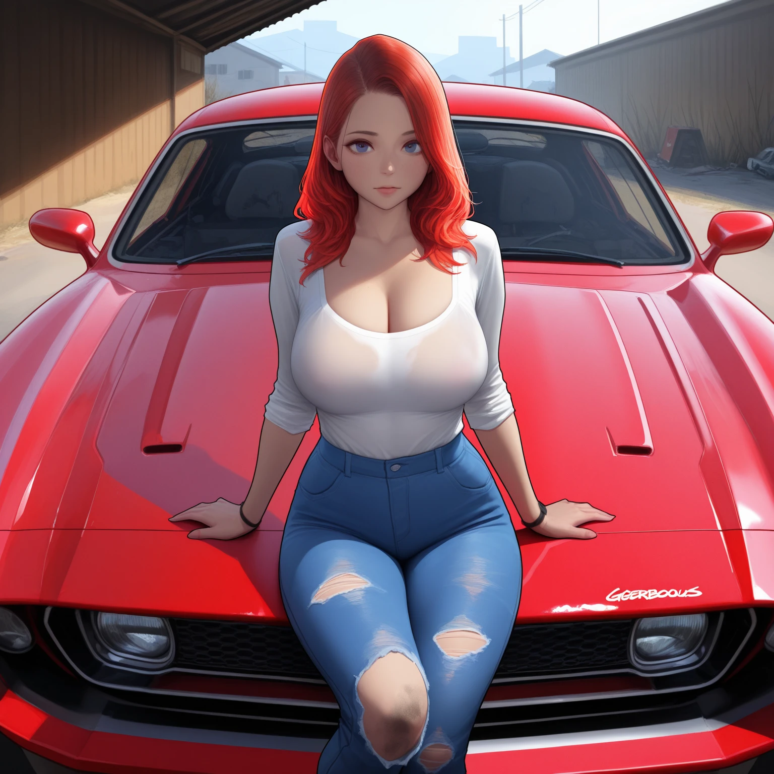 (Masterpiece, Best Quality, High Resolution), (illustartion:1.0), 1girl, The woman, mature female, yellow-red hair, The shimmer of the sunset, turquoise eyes, Average Breasts, naked ass, naked body, Female genitals, A big smile, bare feet, parking, washes a sports car, foam, Car wash, One car, Standing in front of the car